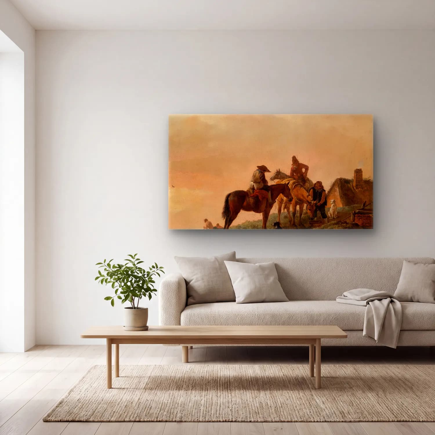 Philips Wouwerman – Horseman’s Stop – Bej Tonlar cam tablo — açık renk salonda
