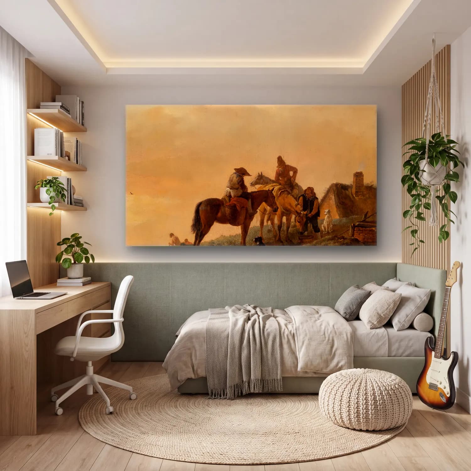 Philips Wouwerman – Horseman’s Stop – Bej Tonlar cam tablo — genç odasında