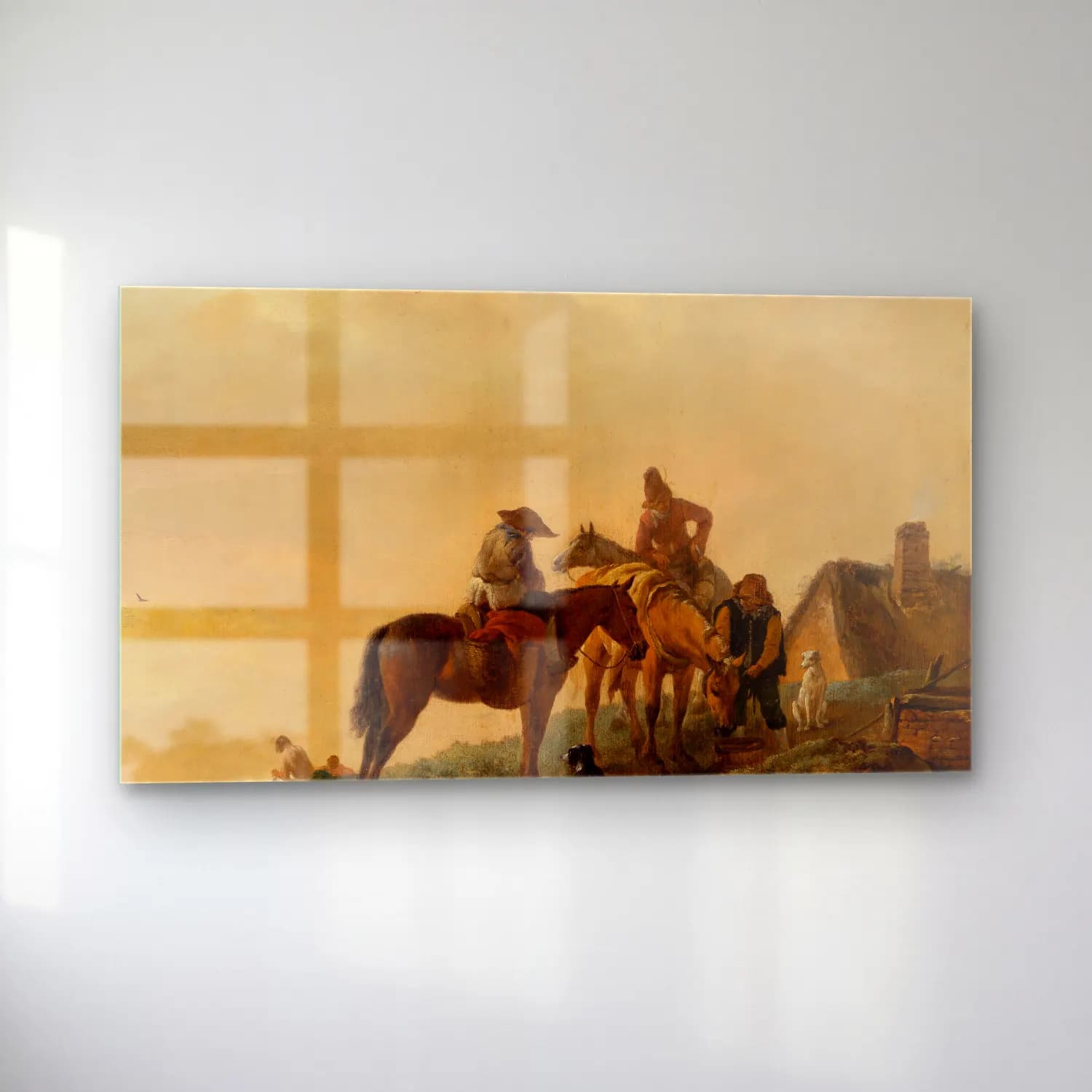 Philips Wouwerman – Horseman’s Stop – Bej Tonlar cam tablo — sol açıdan görünüm