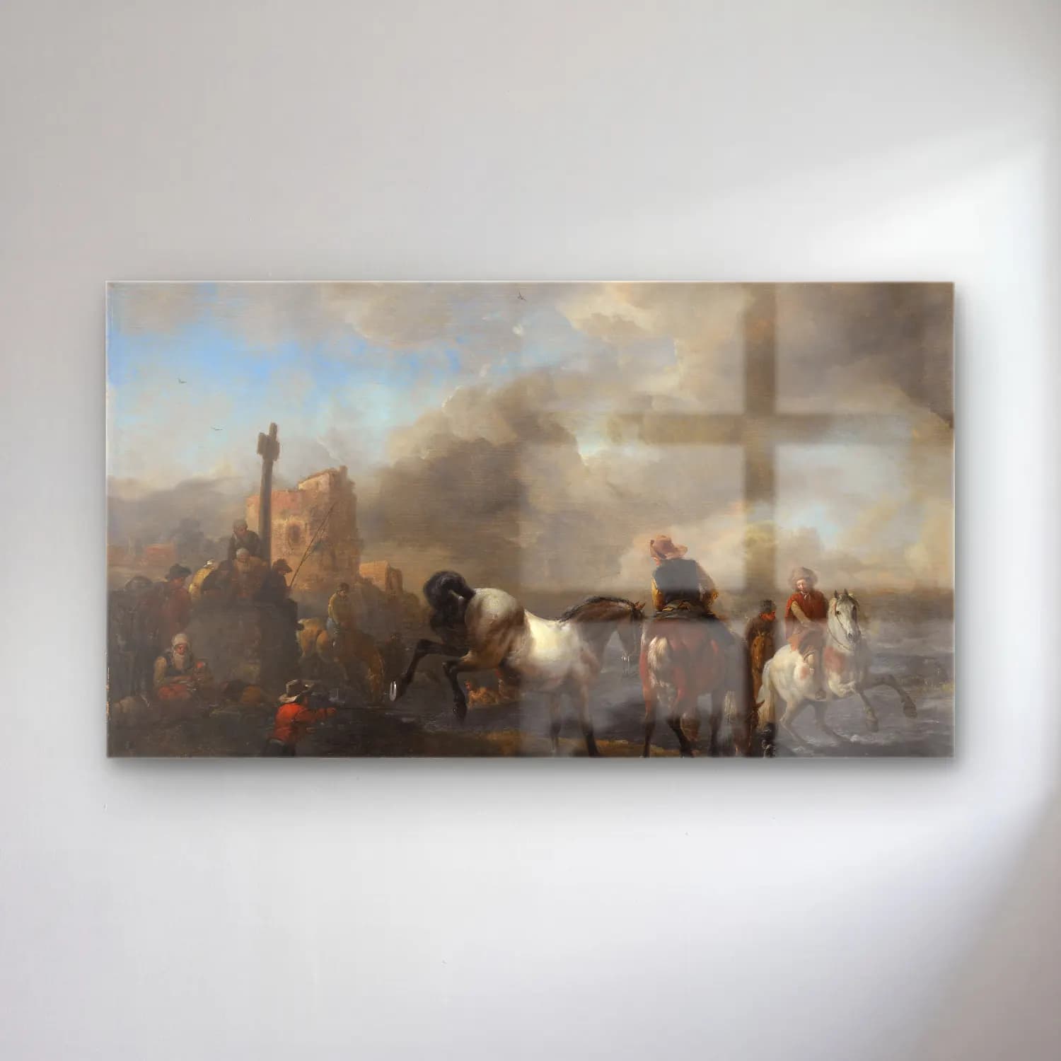 Philips Wouwerman – Horsepond near a Boundary Stone cam tablo — Philips Wouwerman – Horsepond near a Boundary Stone — yağlı boya savaş sahnesi