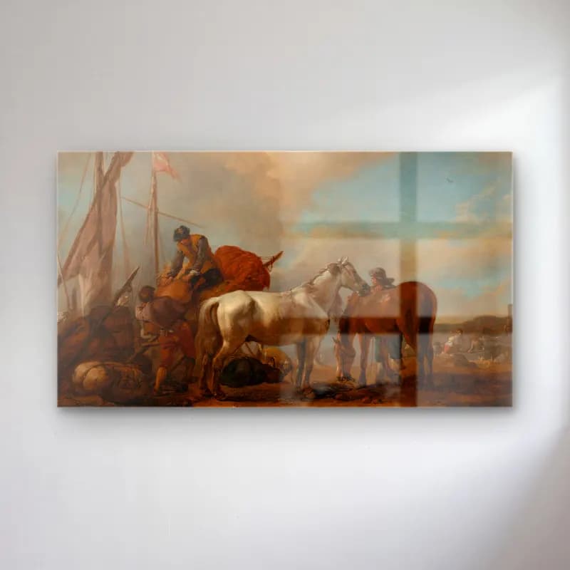Philips Wouwerman – Horses in a landscape with figures loading bales onto a boat cam tablo — Philips Wouwerman – Horses in a landscape with figures loading bales onto a boat — yağlı boya savaş sahnesi