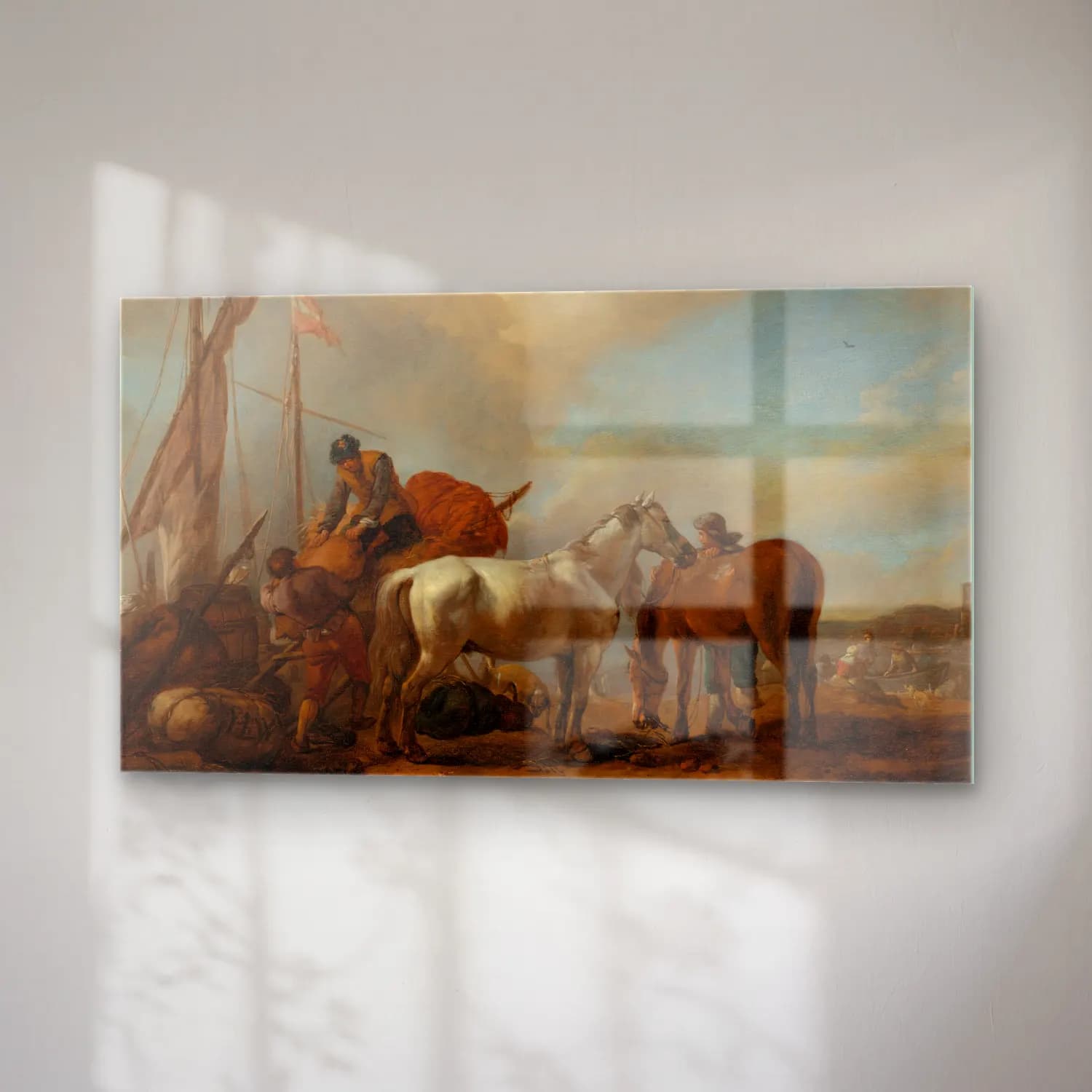 Philips Wouwerman – Horses in a landscape with figures loading bales onto a boat cam tablo — sağ açıdan görünüm