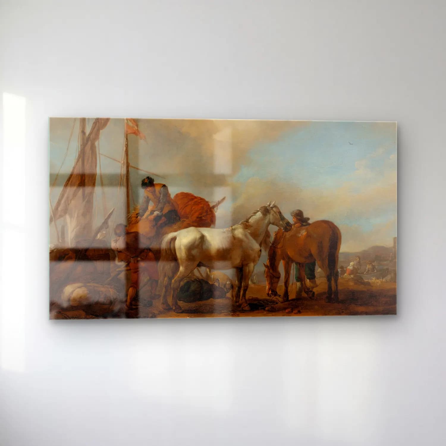 Philips Wouwerman – Horses in a landscape with figures loading bales onto a boat cam tablo — sol açıdan görünüm