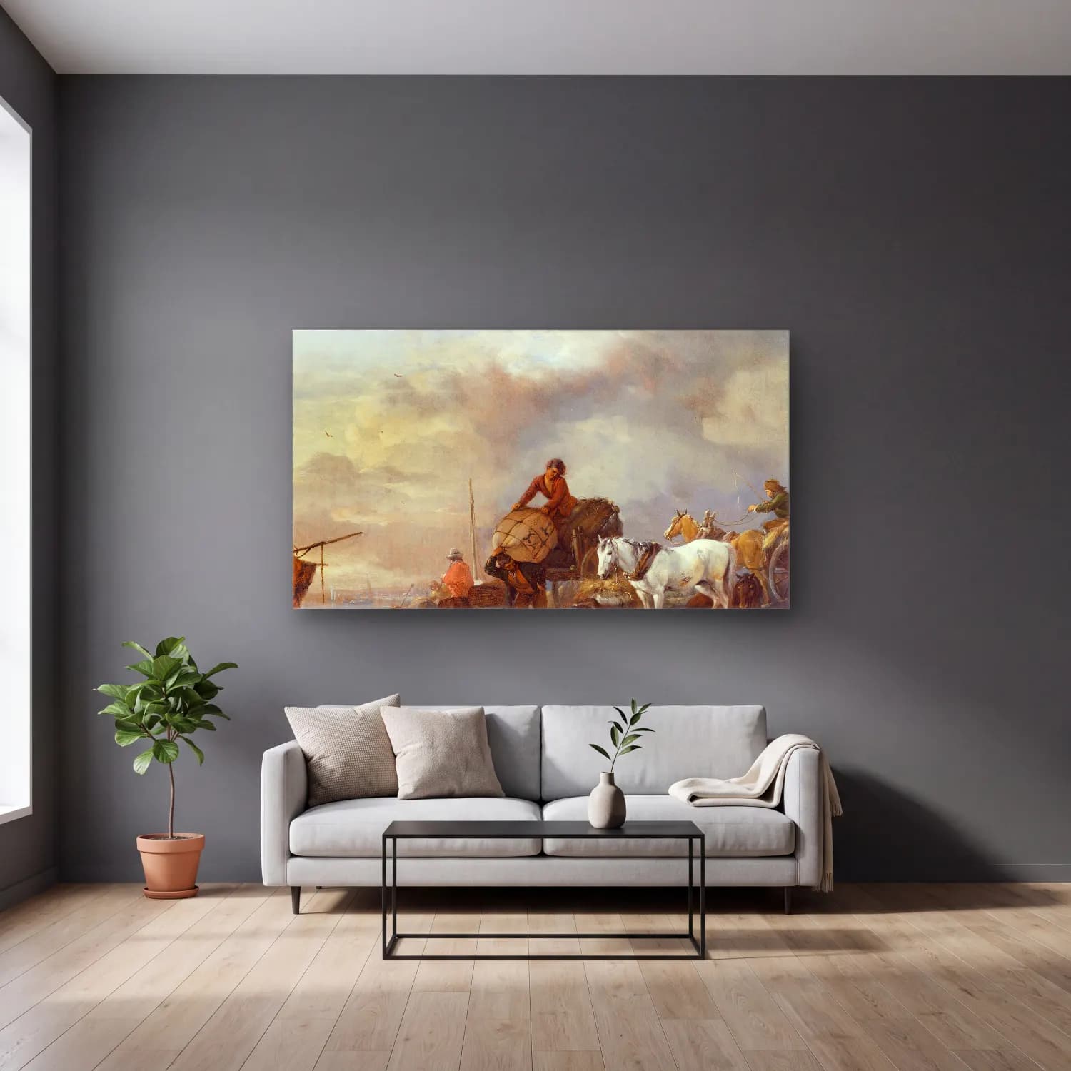 Philips Wouwerman – Landing a Boat (before 1650) cam tablo — gri duvarlı salonda