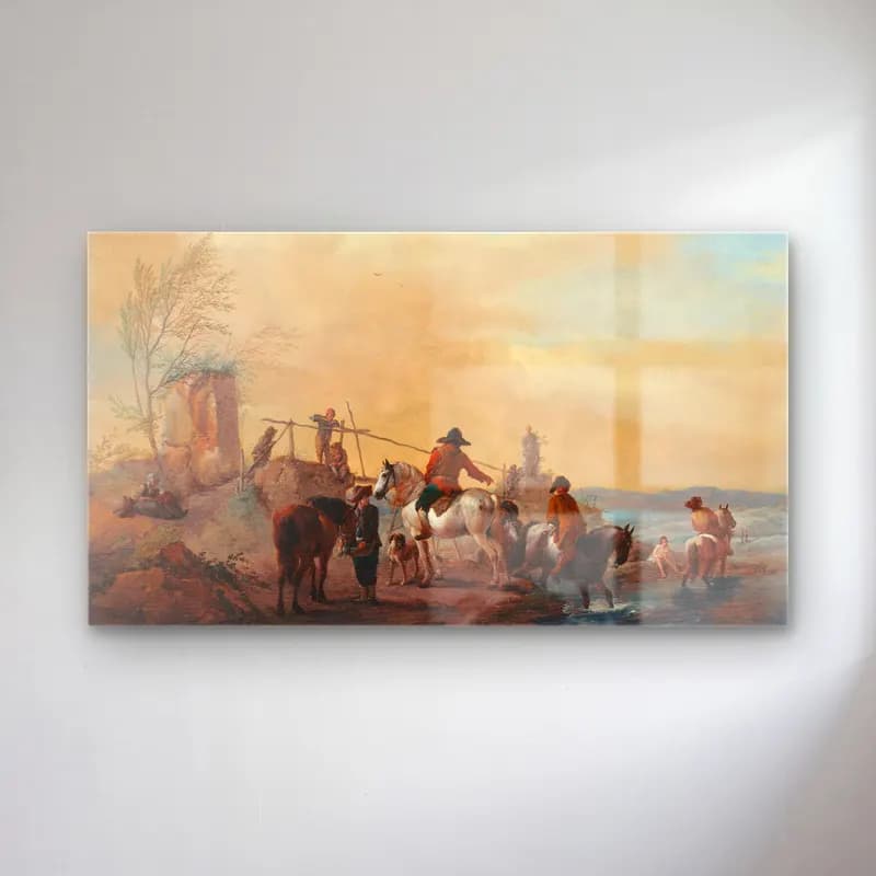 Philips Wouwerman – Riders and horses resting by a river cam tablo — Philips Wouwerman – Riders and horses resting by a river — yağlı boya savaş sahnesi