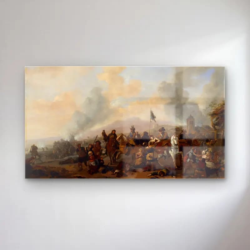 Philips Wouwerman – Soldiers Plundering a Village cam tablo — Philips Wouwerman – Soldiers Plundering a Village — yağlı boya savaş sahnesi