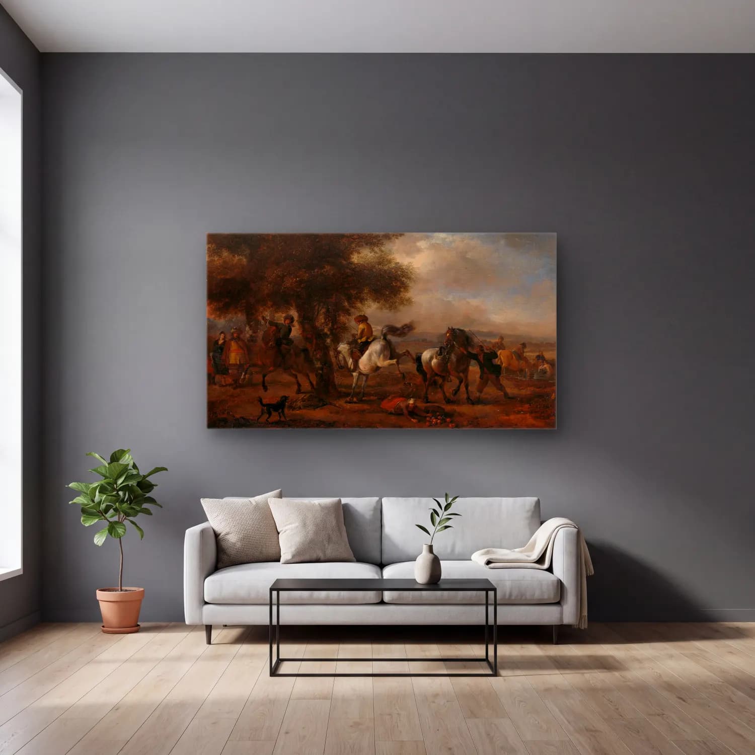 Philips Wouwerman – The Bucking Grey cam tablo — gri duvarlı salonda