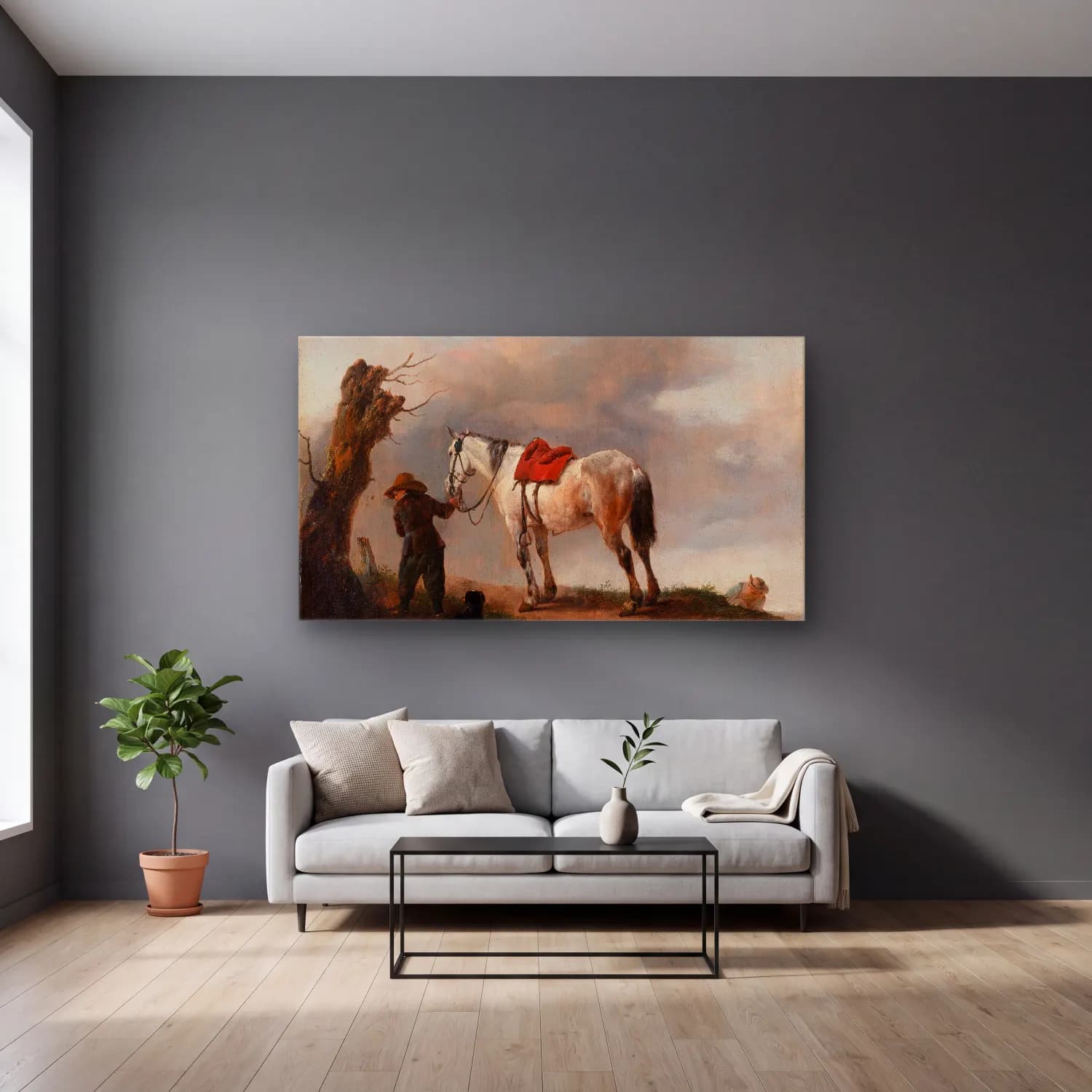 Philips Wouwerman – The Grey Horse cam tablo — gri duvarlı salonda