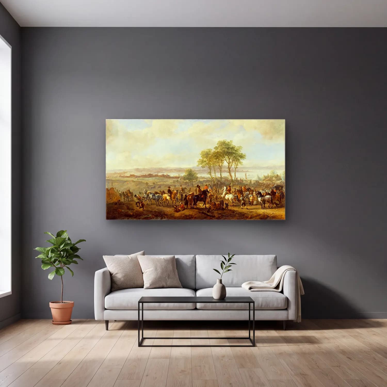 Philips Wouwerman – The Horse Fair (late 1660s) cam tablo — gri duvarlı salonda