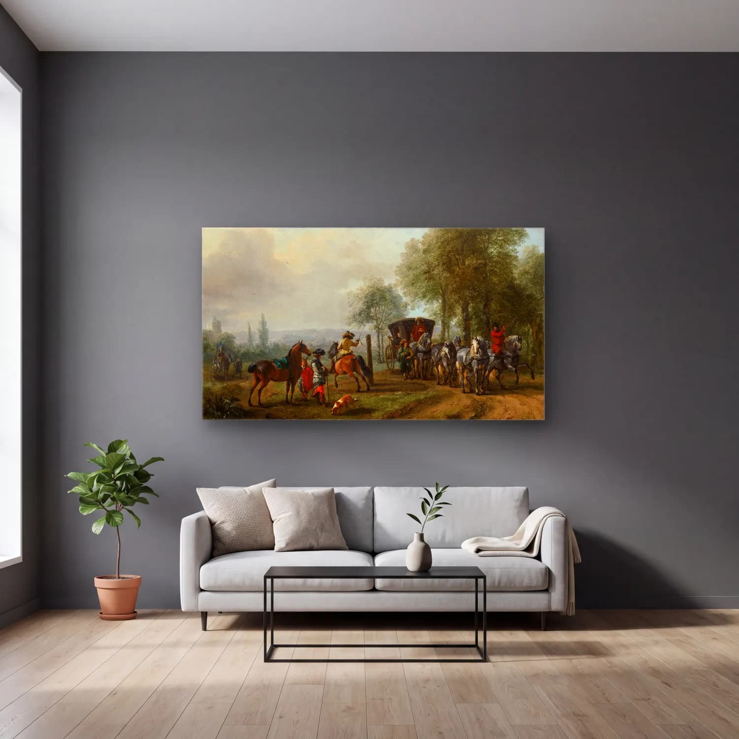 Philips Wouwerman – The Riding School – Bej Tonlar cam tablo — gri duvarlı salonda