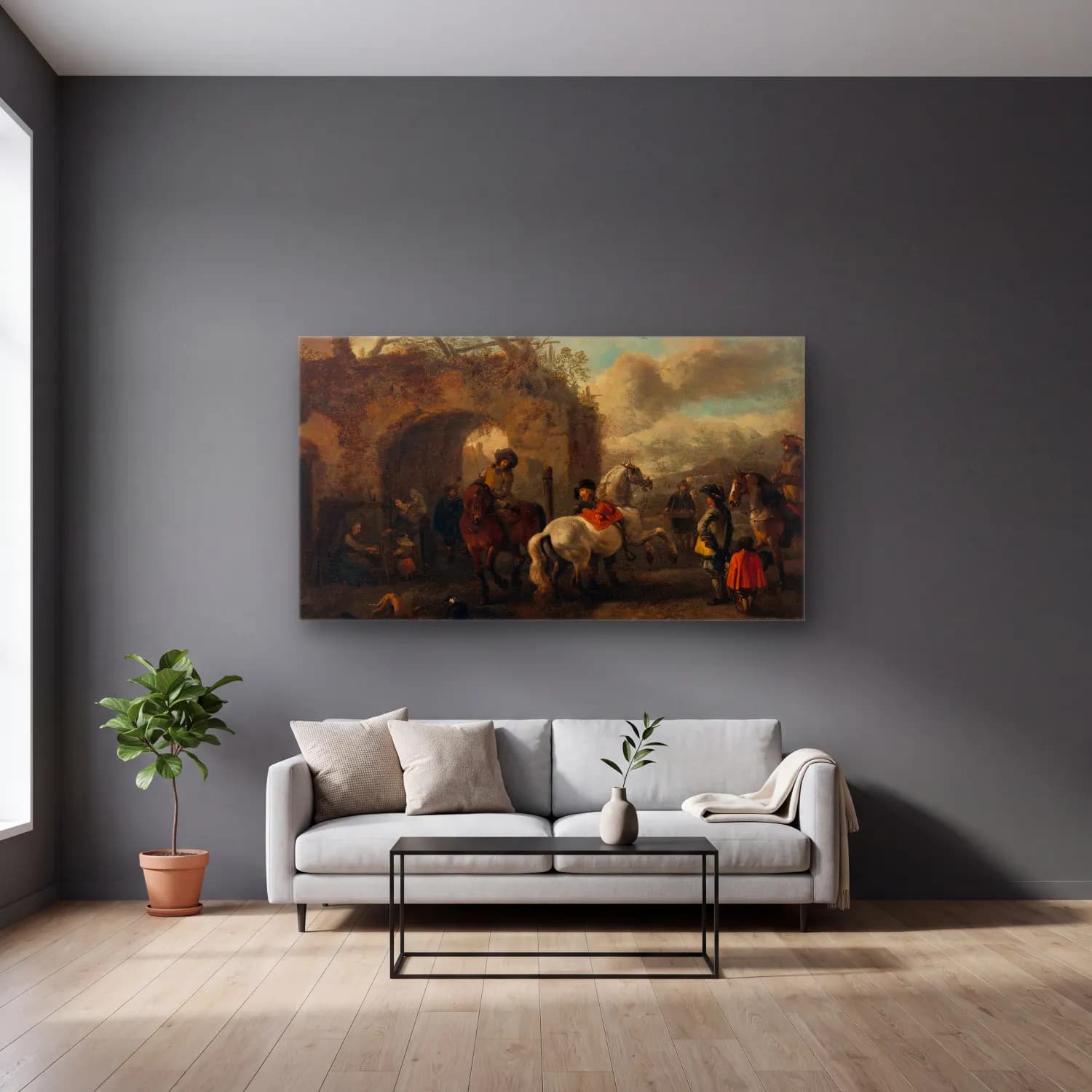 Philips Wouwerman – The Riding School No. 4 cam tablo — gri duvarlı salonda