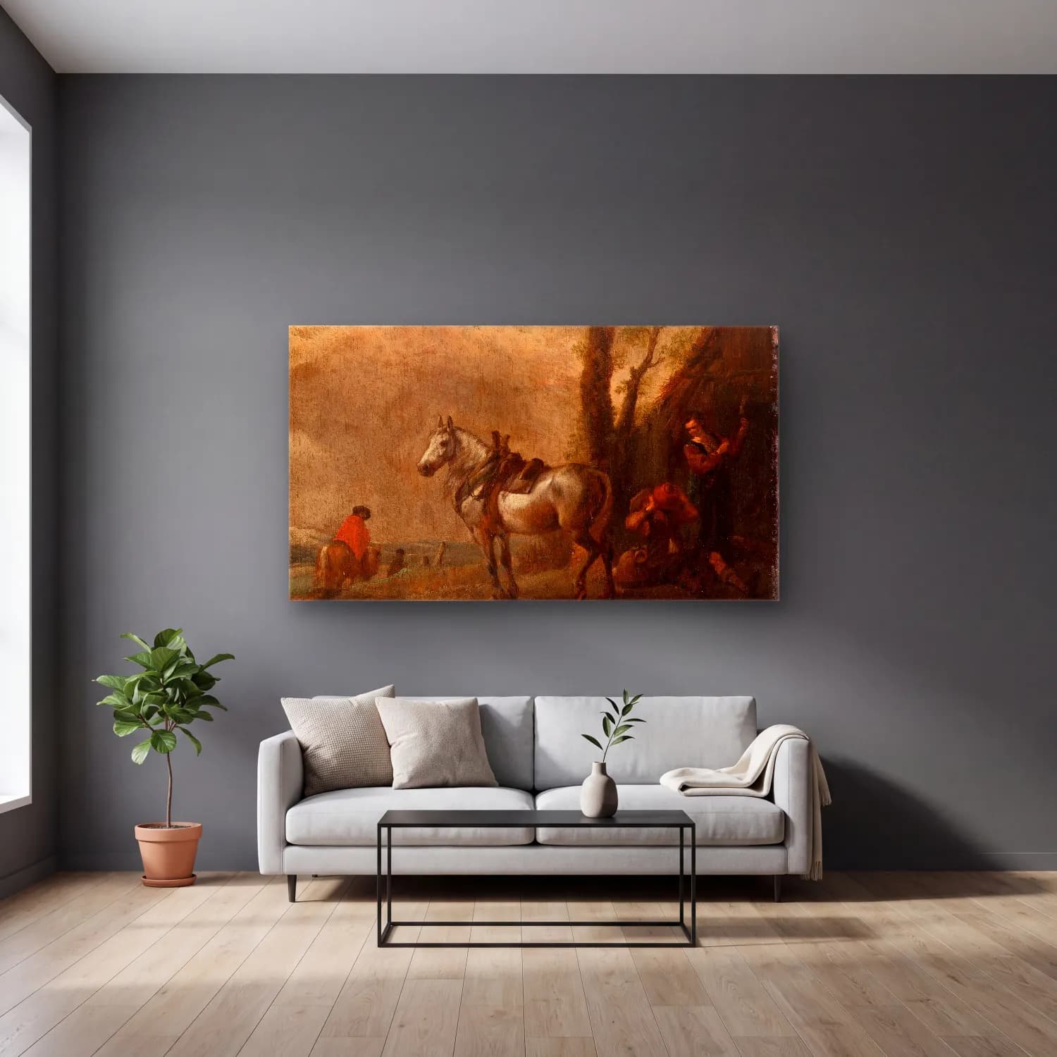 Philips Wouwerman – The resting place cam tablo — gri duvarlı salonda