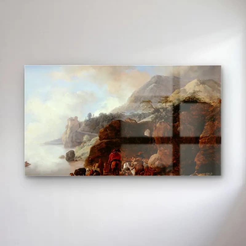 Philips Wouwerman – Travelers Awaiting a Ferry cam tablo — Philips Wouwerman – Travelers Awaiting a Ferry — yağlı boya dağ manzarası