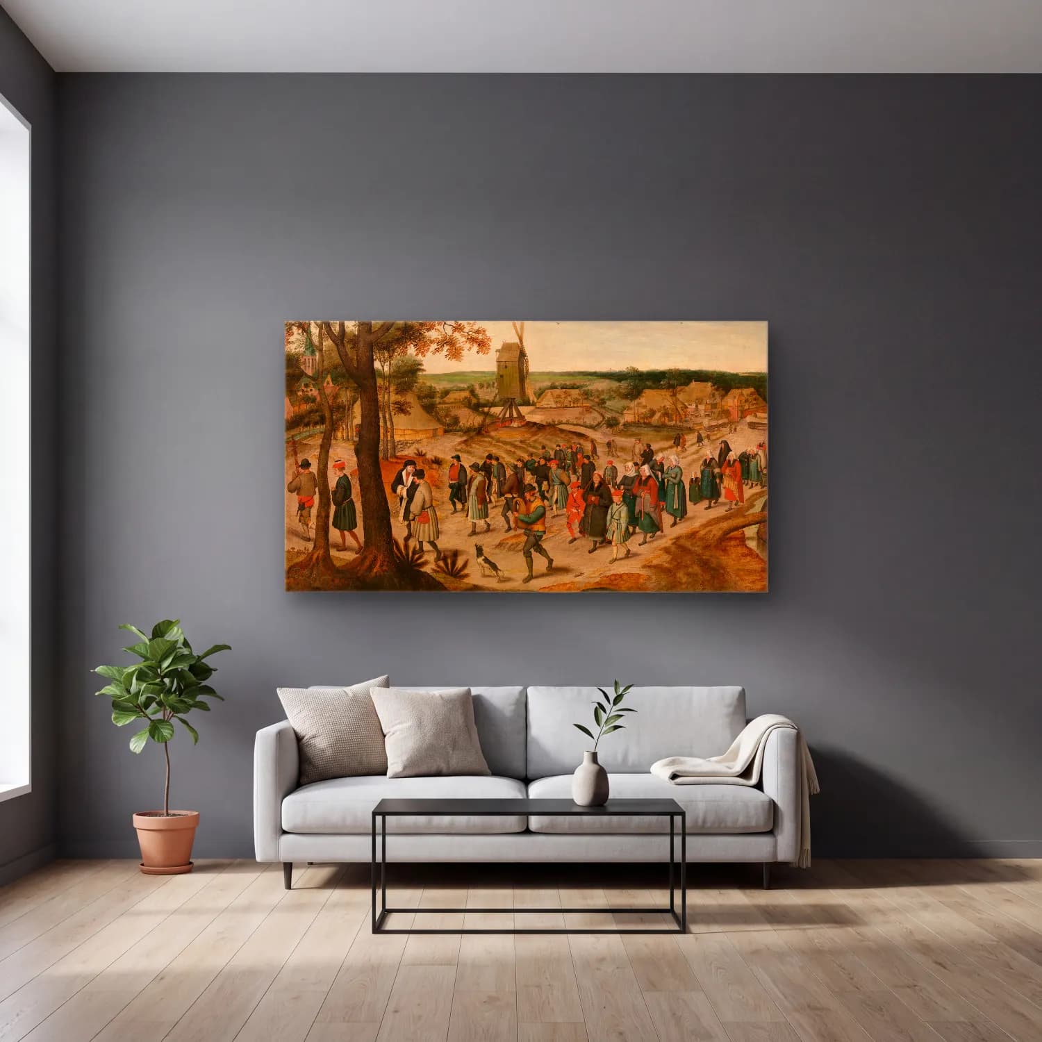 Pieter Brueghel The Younger – A Wedding Procession cam tablo — gri duvarlı salonda