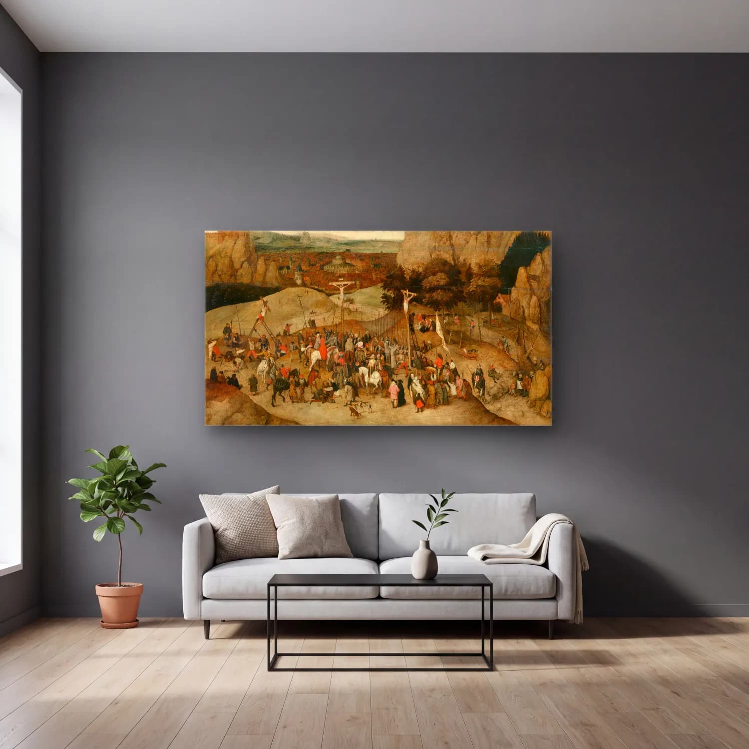 Pieter Brueghel The Younger – Calvary cam tablo — gri duvarlı salonda