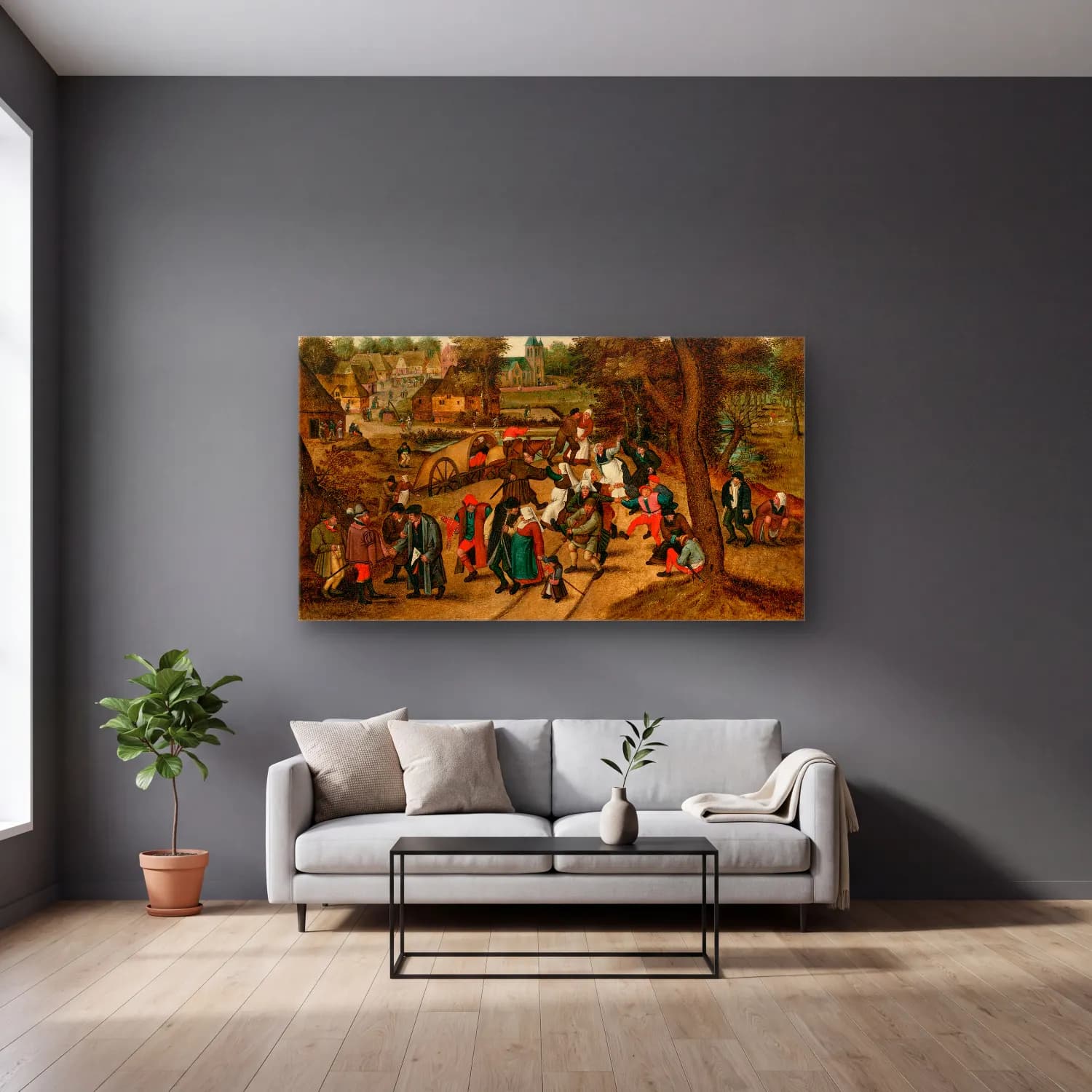 Pieter Brueghel The Younger – La trappe aux oiseaux cam tablo — gri duvarlı salonda