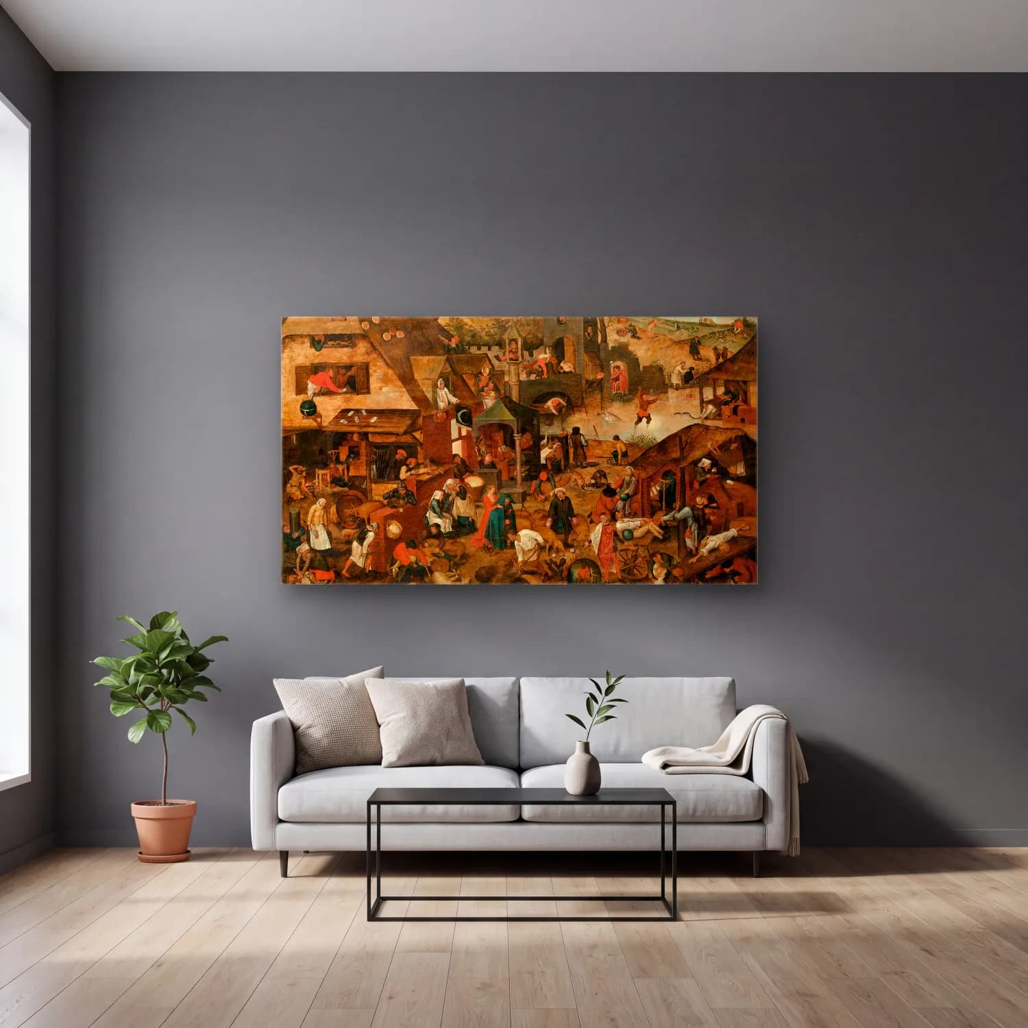 Pieter Brueghel The Younger – Proverbs cam tablo — gri duvarlı salonda
