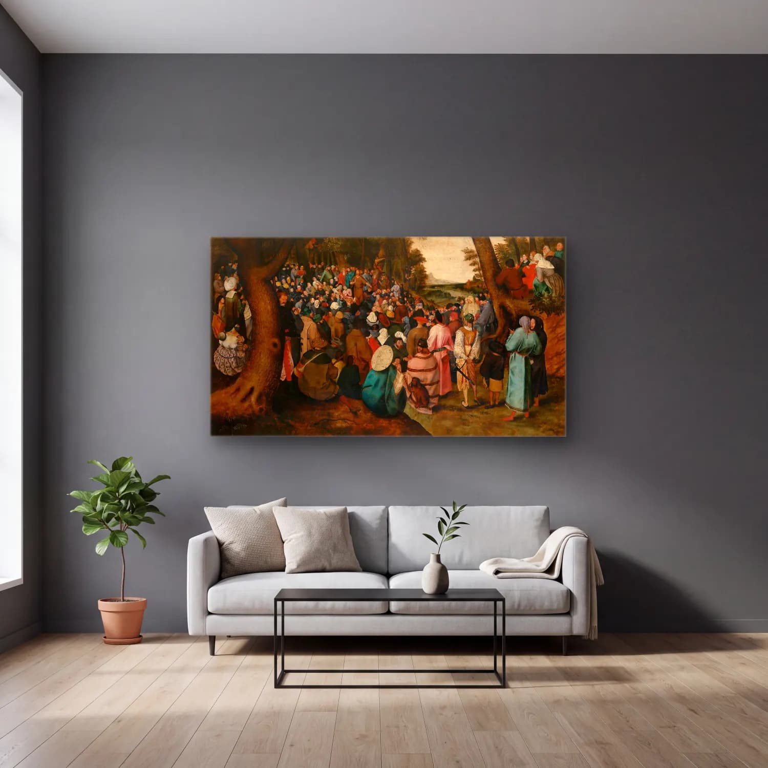 Pieter Brueghel The Younger – Saint John the Baptist Preaching cam tablo — gri duvarlı salonda