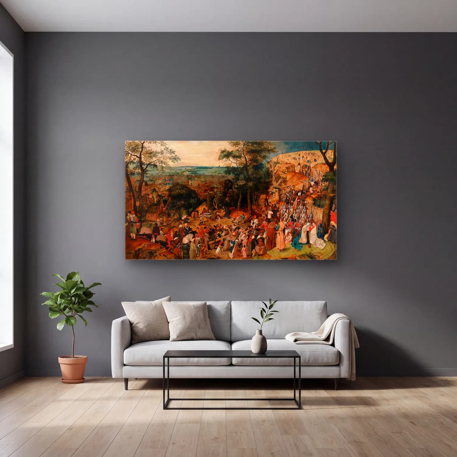 Pieter Brueghel The Younger – The Bearing of the Cross cam tablo — gri duvarlı salonda