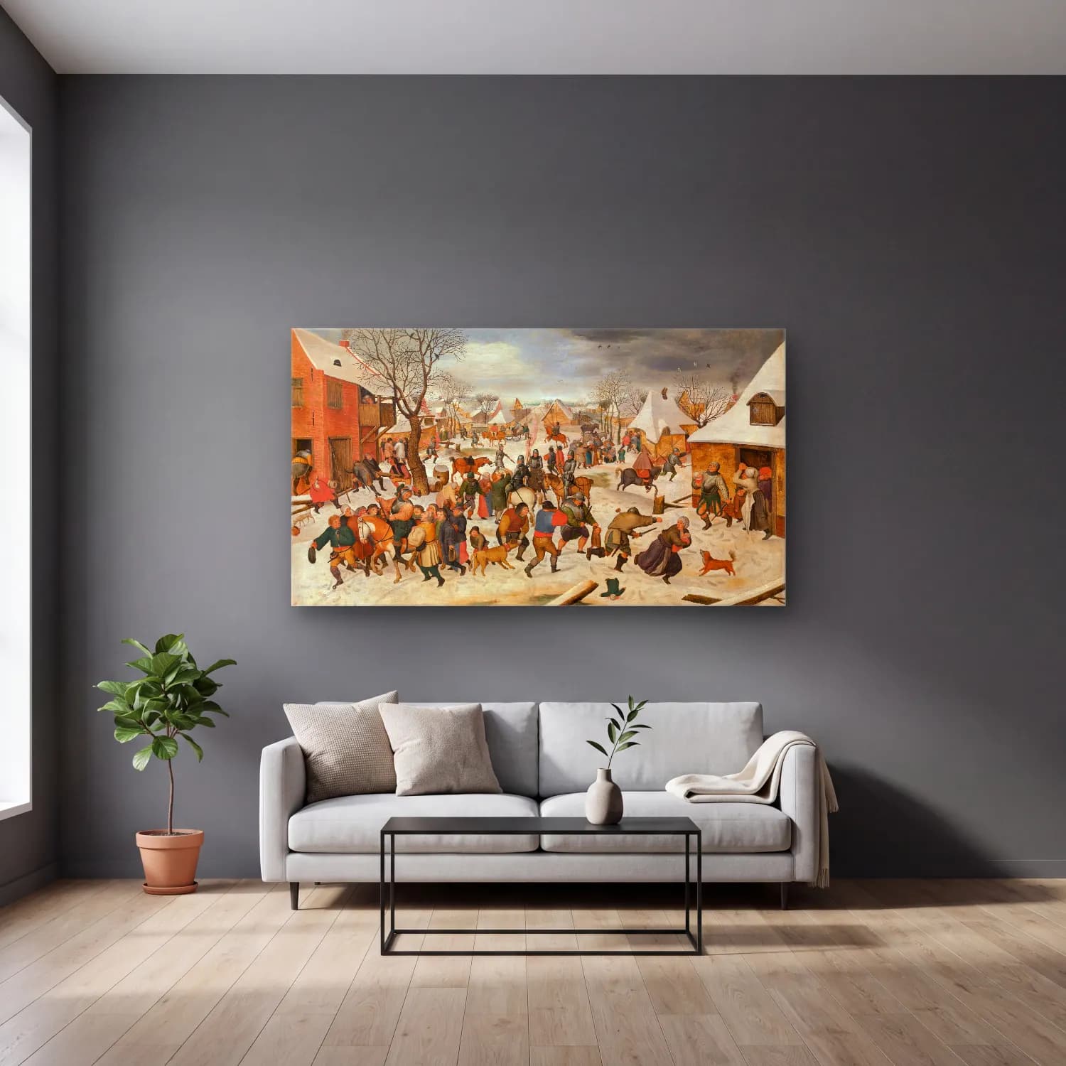 Pieter Brueghel The Younger – The Massacre of the Children at Bethlehem cam tablo — gri duvarlı salonda