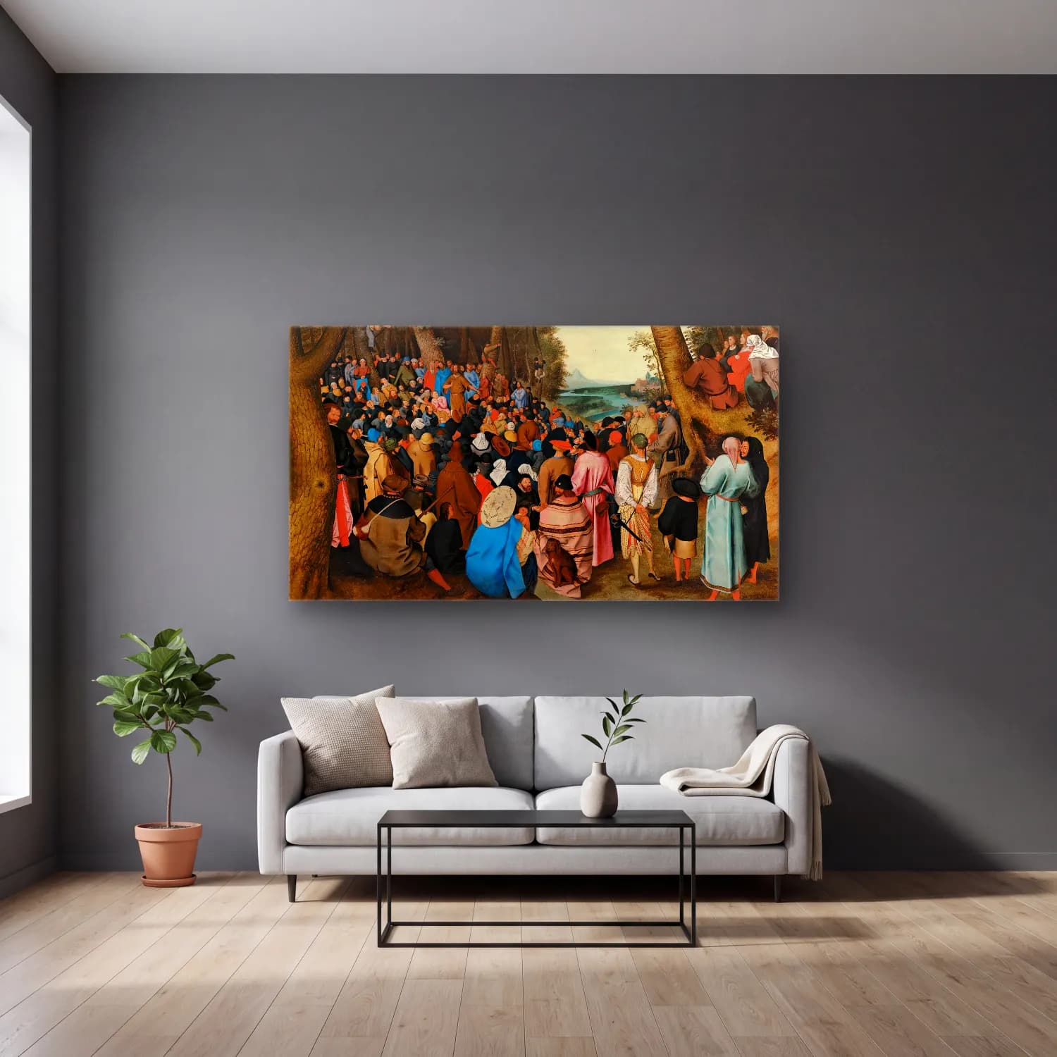 Pieter Brueghel The Younger – The Outdoor Wedding Feast cam tablo — gri duvarlı salonda