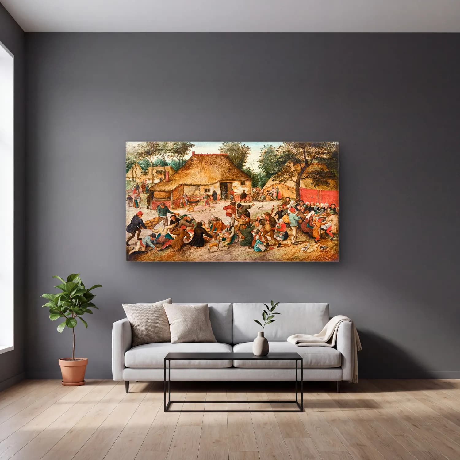 Pieter Brueghel The Younger – The Peasant Wedding cam tablo — gri duvarlı salonda