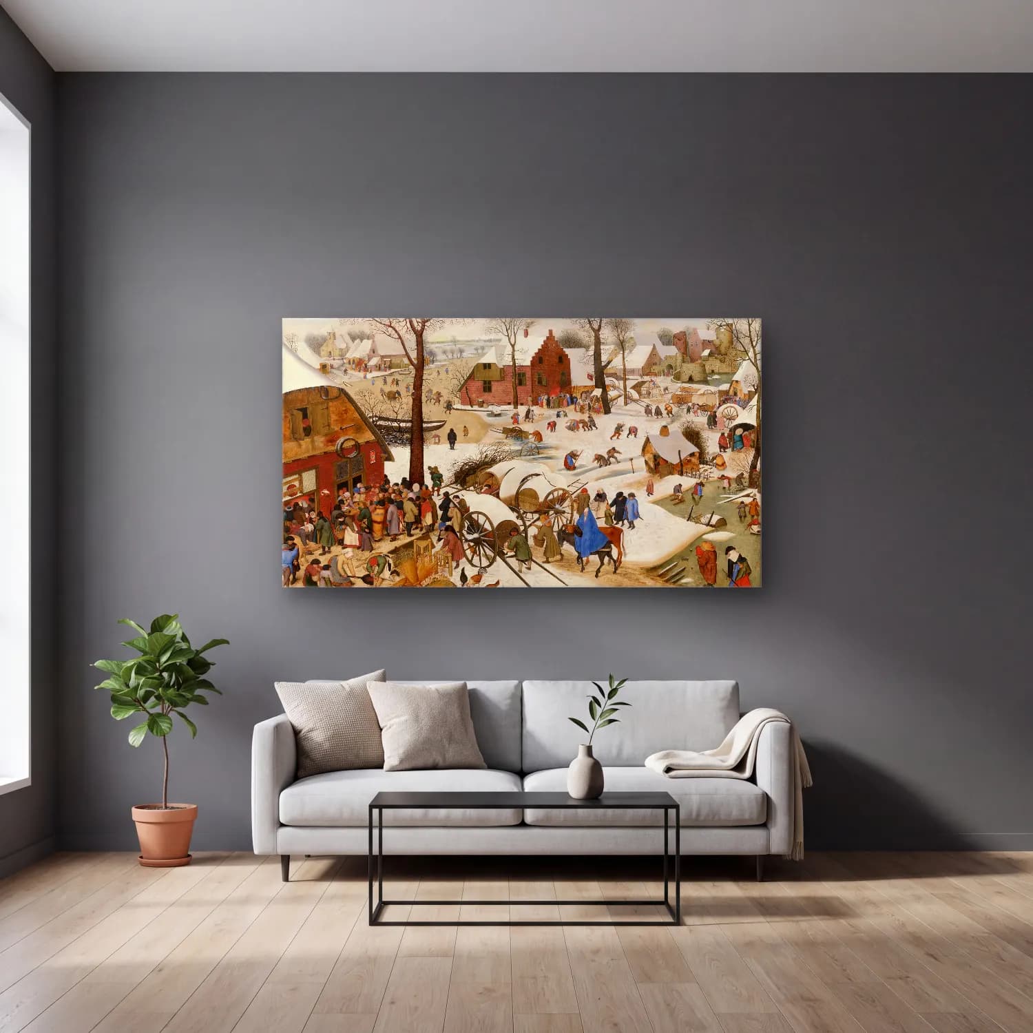 Pieter Brueghel The Younger – The People’s Census at Bethlehem cam tablo — gri duvarlı salonda