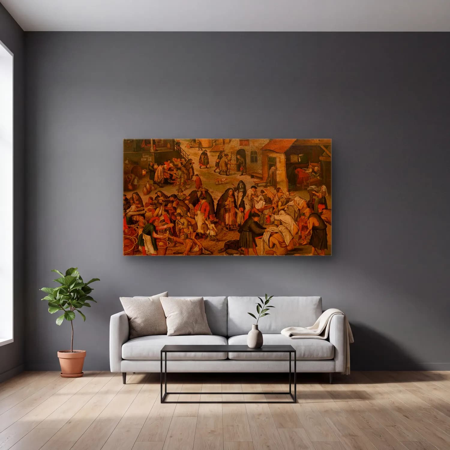 Pieter Brueghel The Younger – The Seven Acts of Mercy cam tablo — gri duvarlı salonda