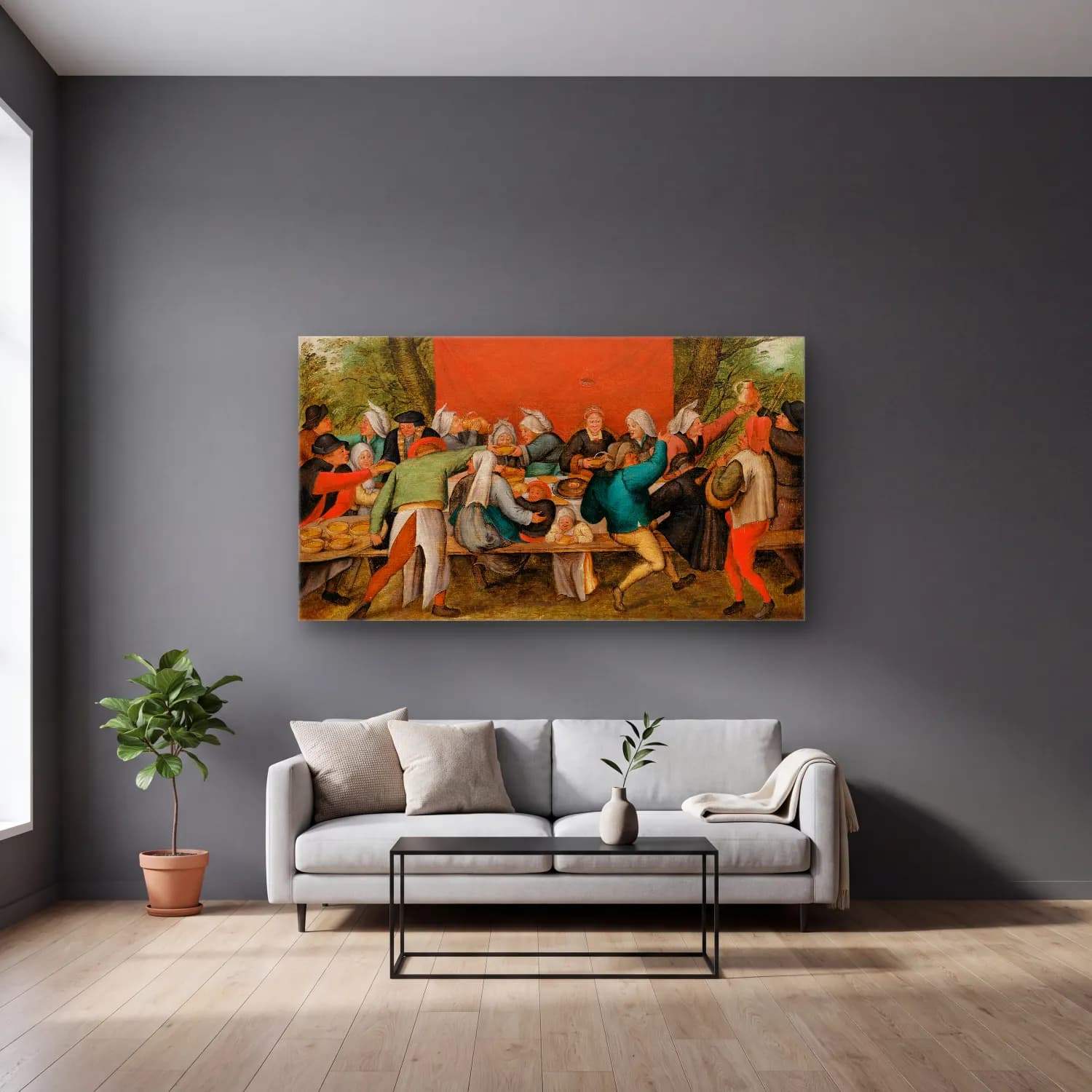 Pieter Brueghel The Younger – The Wedding Feast cam tablo — gri duvarlı salonda