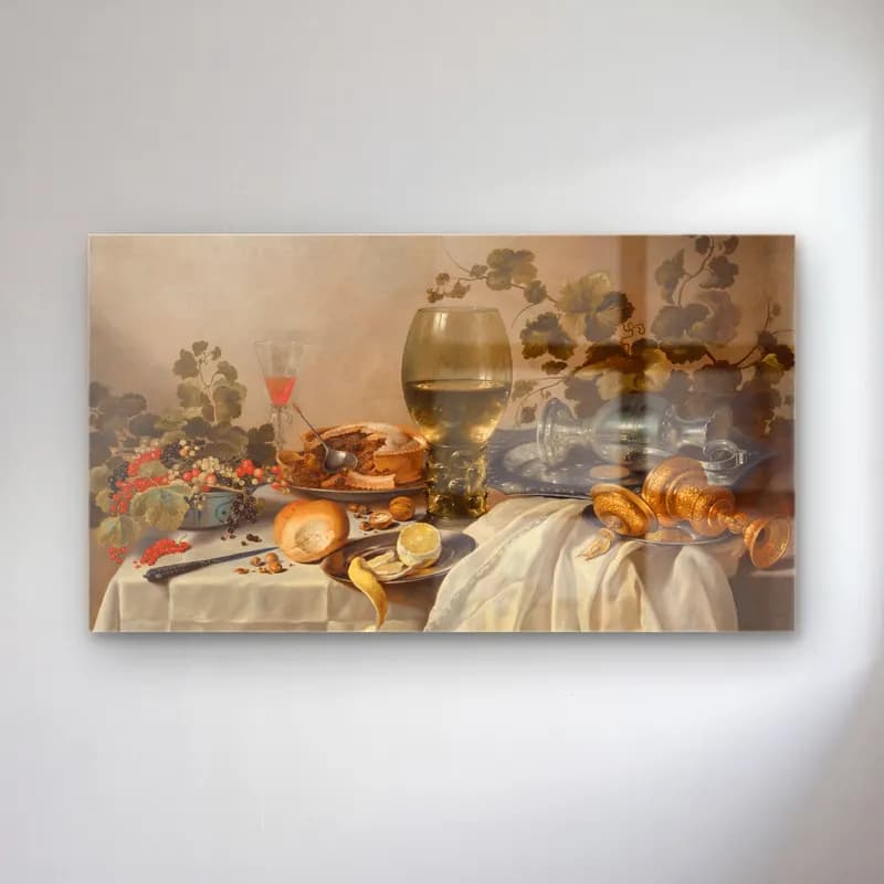 Pieter Claesz – Ontbijt of silver and glassware on a draped table with vines cam tablo — Pieter Claesz – Ontbijt of silver and glassware on a draped table with vines — yağlı boya kadeh şarap