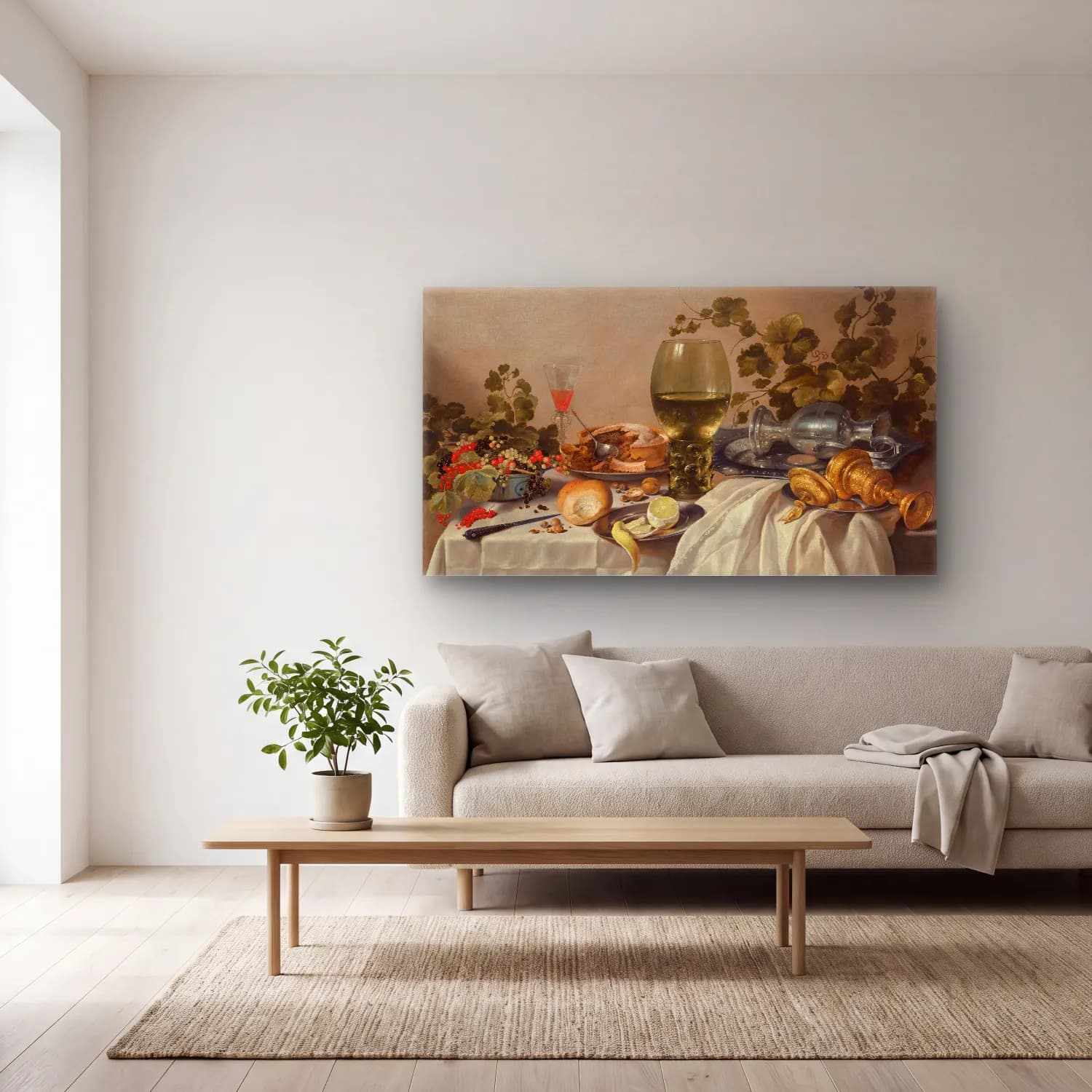 Pieter Claesz – Ontbijt of silver and glassware on a draped table with vines cam tablo — açık renk salonda