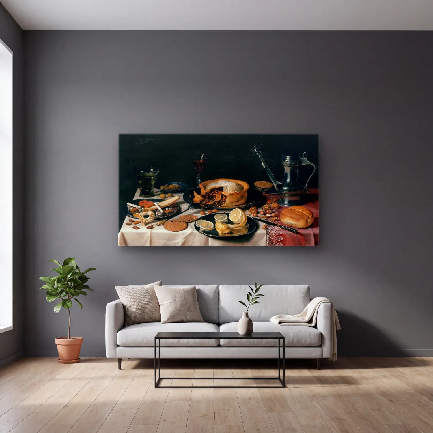 Pieter Claesz – Still Life cam tablo — gri duvarlı salonda