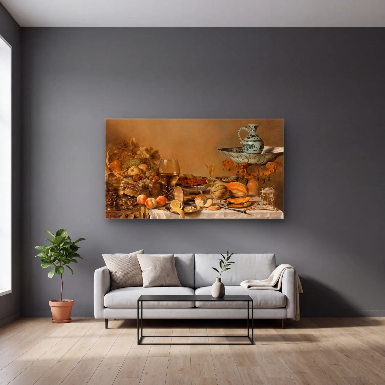 Pieter Claesz – Still Life – Bej Tonlar cam tablo — gri duvarlı salonda