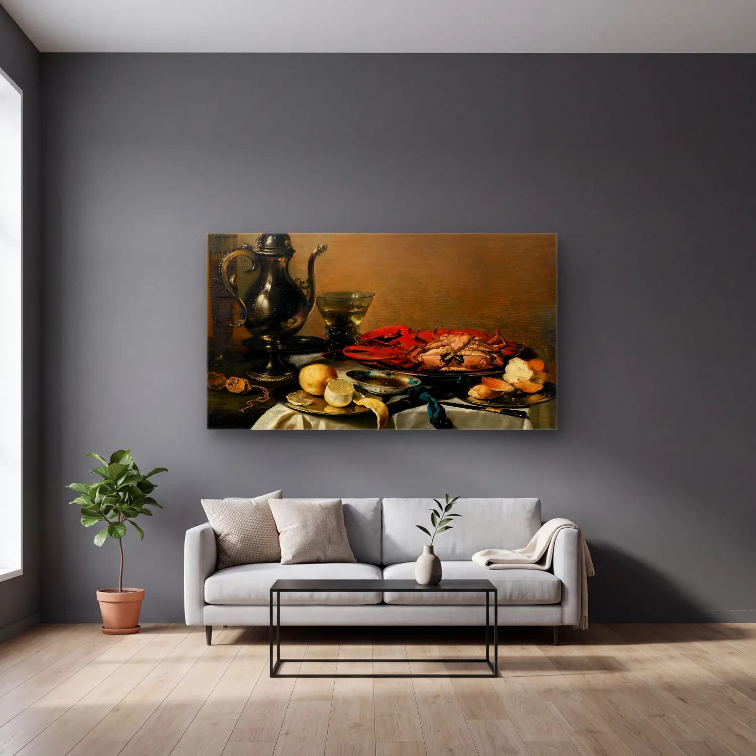Pieter Claesz – Still Life – Sarı Tonlar cam tablo — gri duvarlı salonda