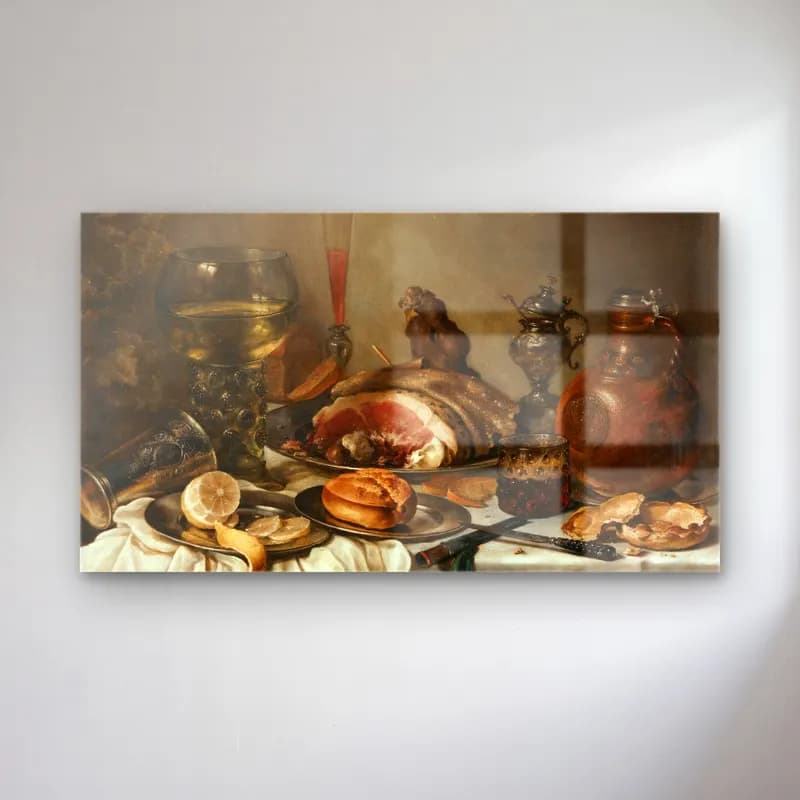 Pieter Claesz – Still Life Of A Roemer, An Earthenware Jug, An Overturned… cam tablo — Pieter Claesz – Still Life Of A Roemer, An Earthenware Jug, An Overturned… — yağlı boya ekmek ve pastalar