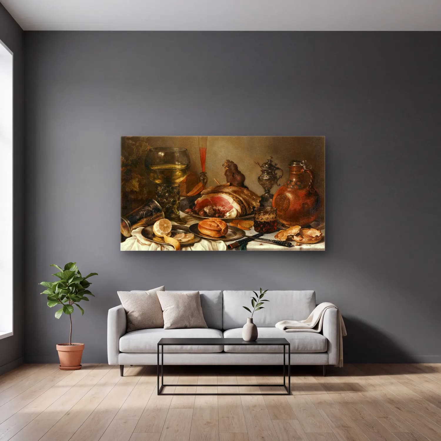 Pieter Claesz – Still Life Of A Roemer, An Earthenware Jug, An Overturned… cam tablo — gri duvarlı salonda