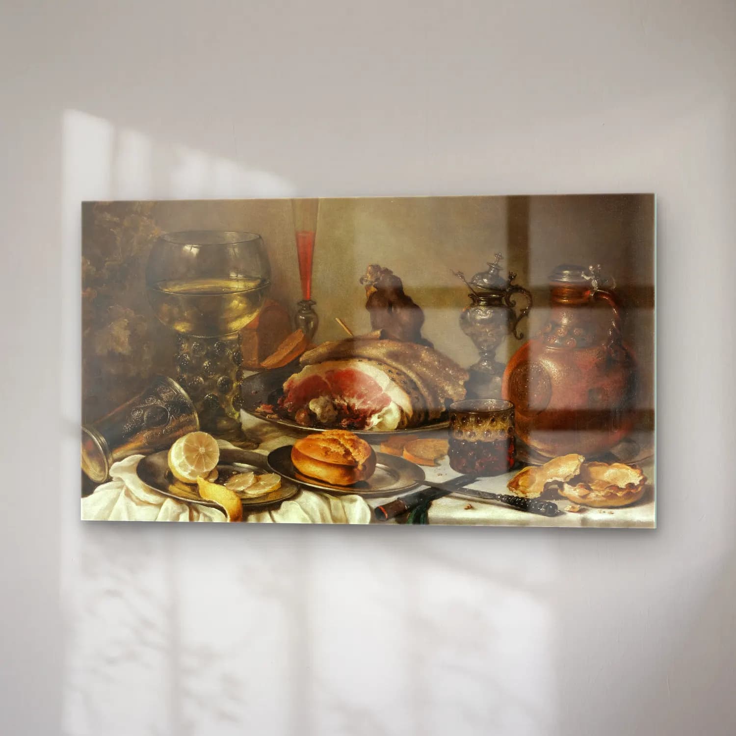 Pieter Claesz – Still Life Of A Roemer, An Earthenware Jug, An Overturned… cam tablo — sağ açıdan görünüm