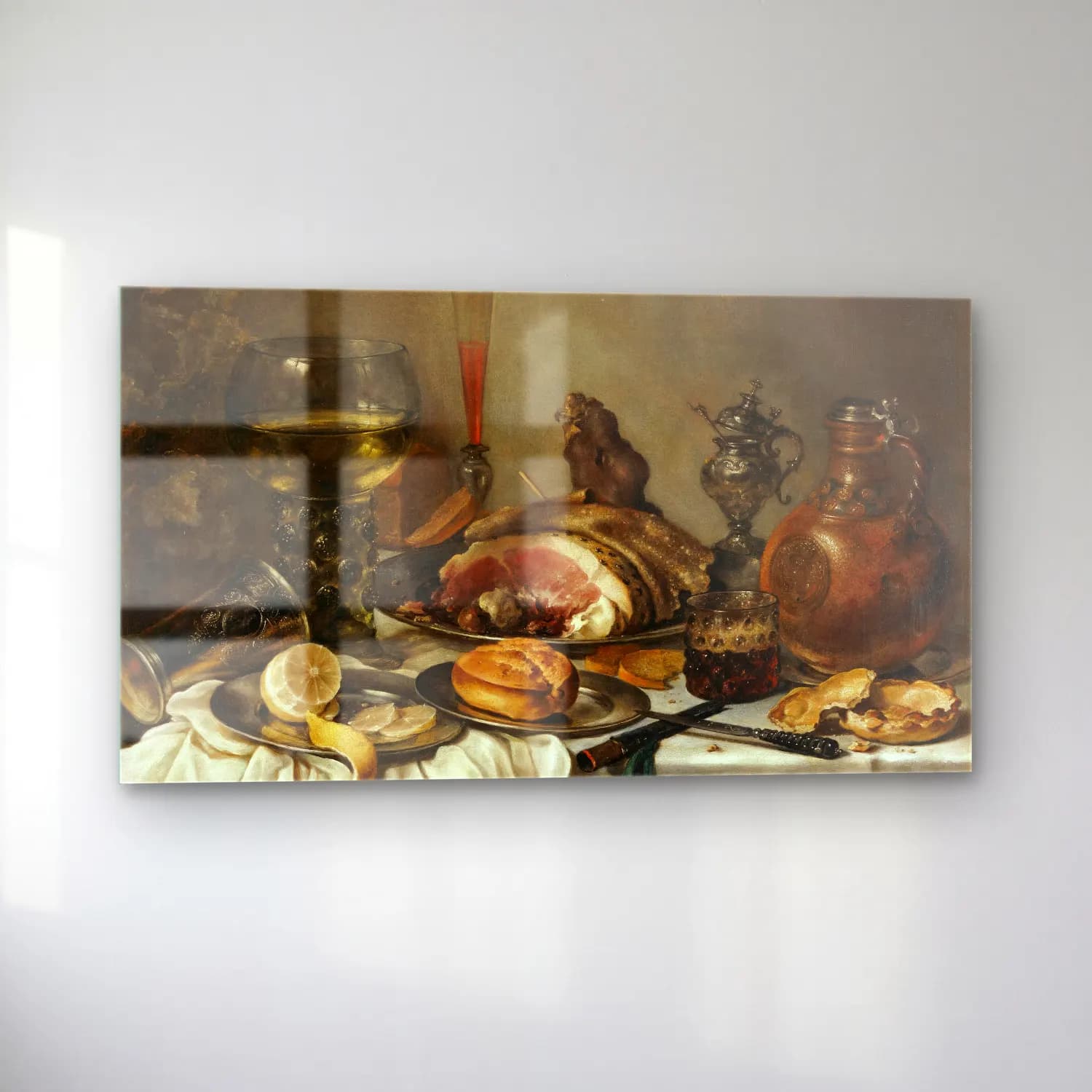 Pieter Claesz – Still Life Of A Roemer, An Earthenware Jug, An Overturned… cam tablo — sol açıdan görünüm