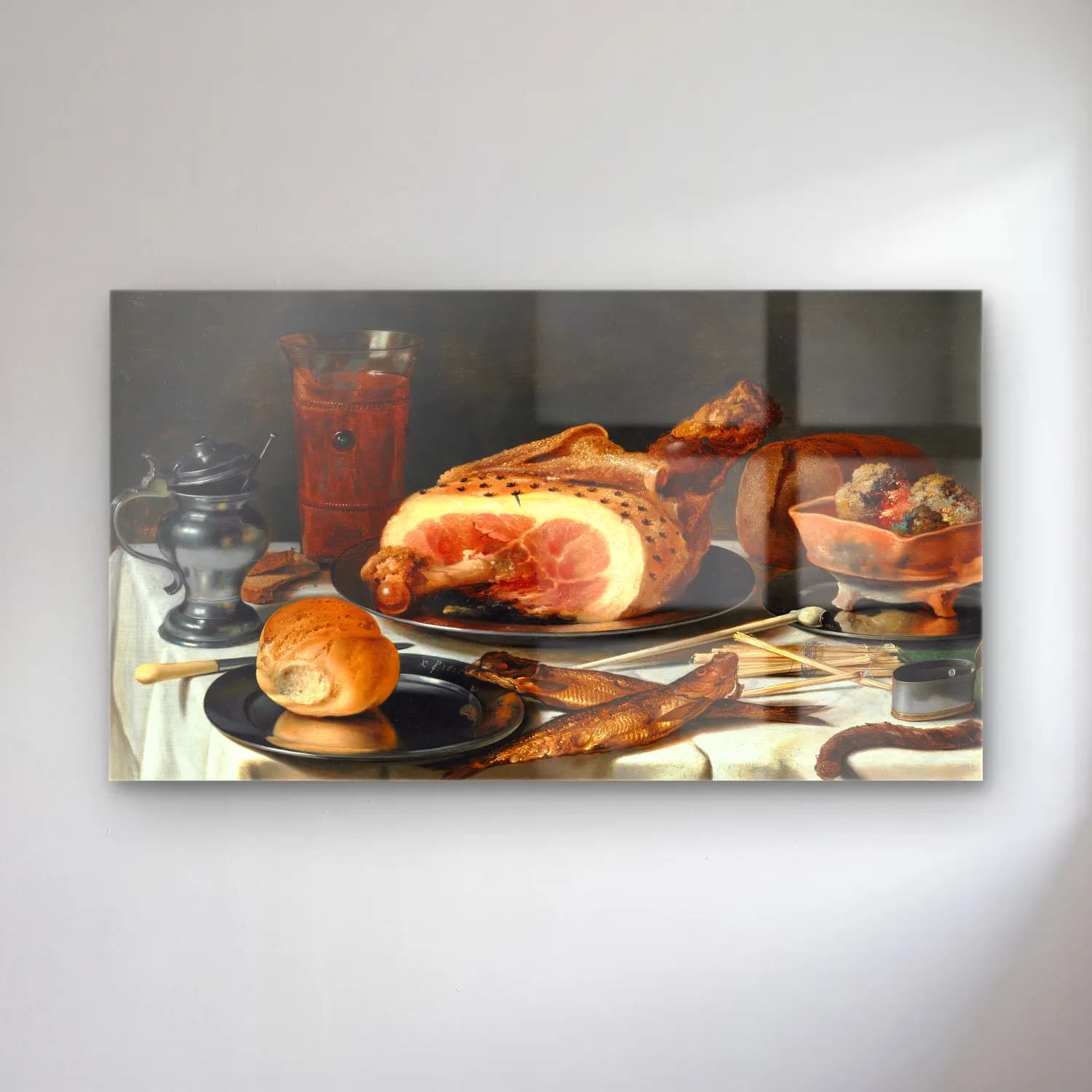 Pieter Claesz – Still Life with Ham cam tablo — Pieter Claesz – Still Life with Ham — yağlı boya ekmek ve pastalar