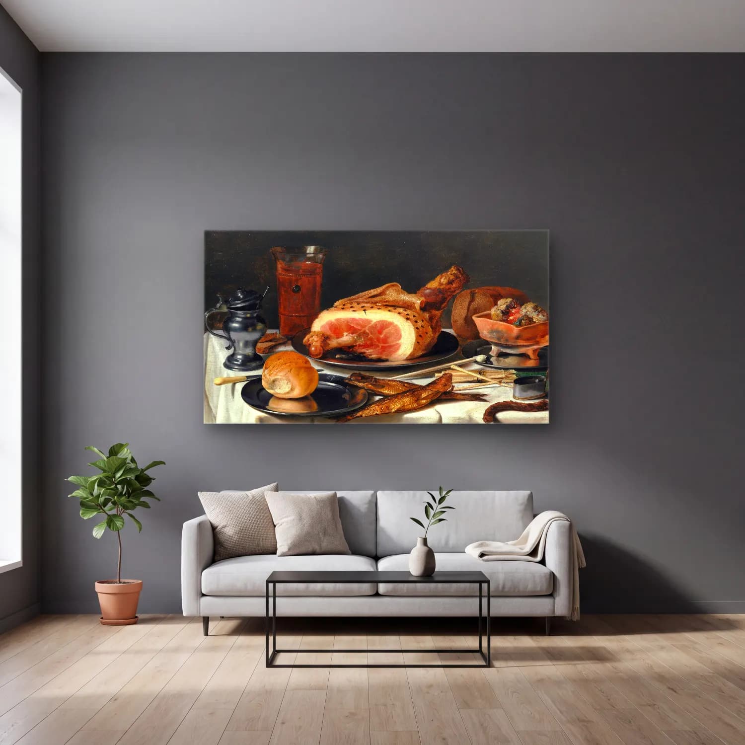 Pieter Claesz – Still Life with Ham cam tablo — gri duvarlı salonda