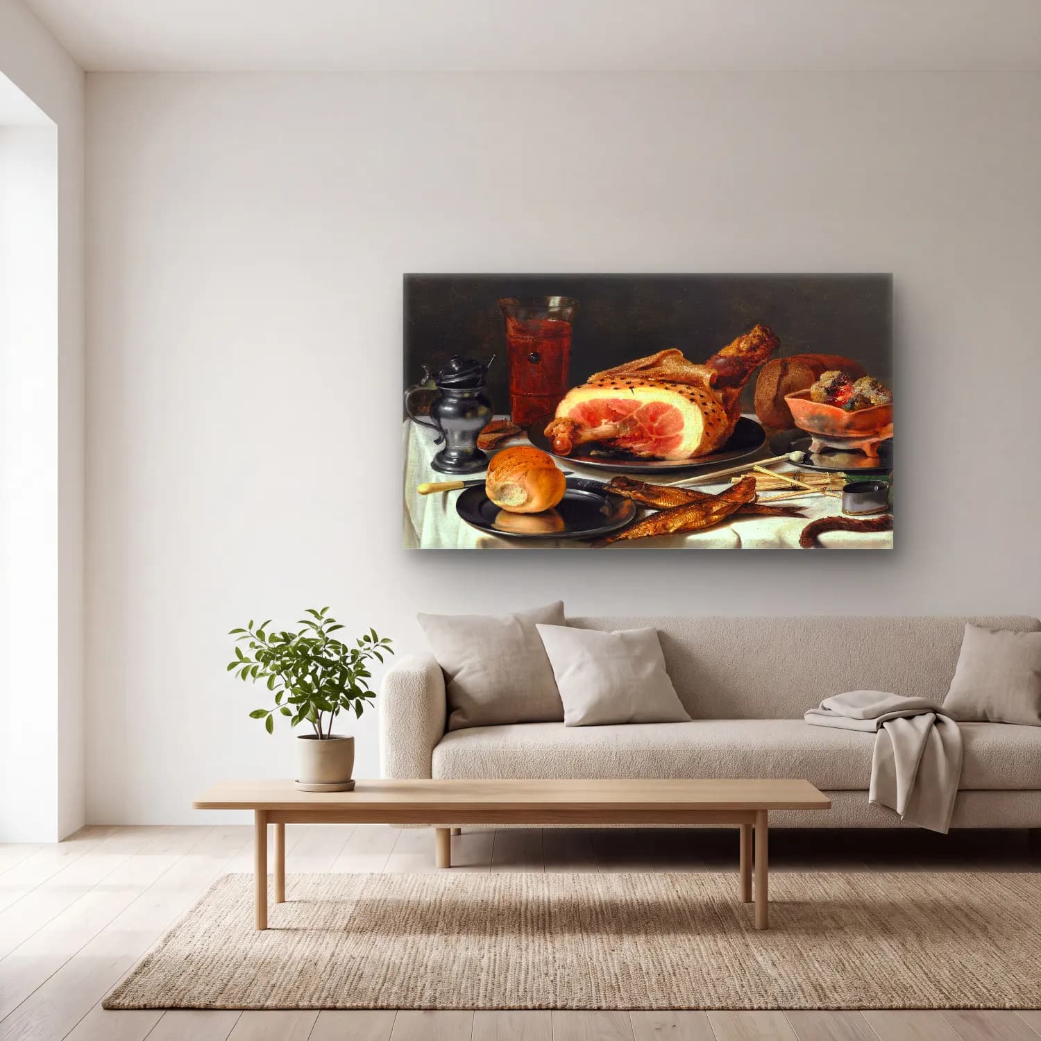 Pieter Claesz – Still Life with Ham cam tablo — açık renk salonda