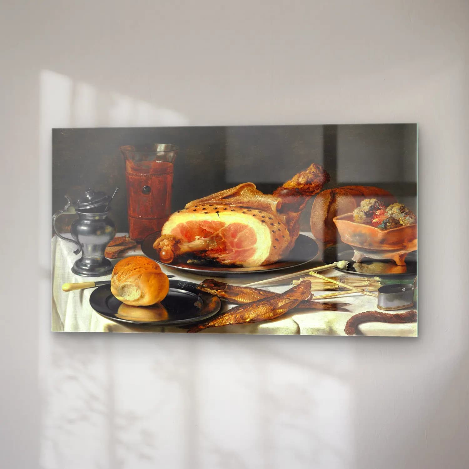 Pieter Claesz – Still Life with Ham cam tablo — sağ açıdan görünüm
