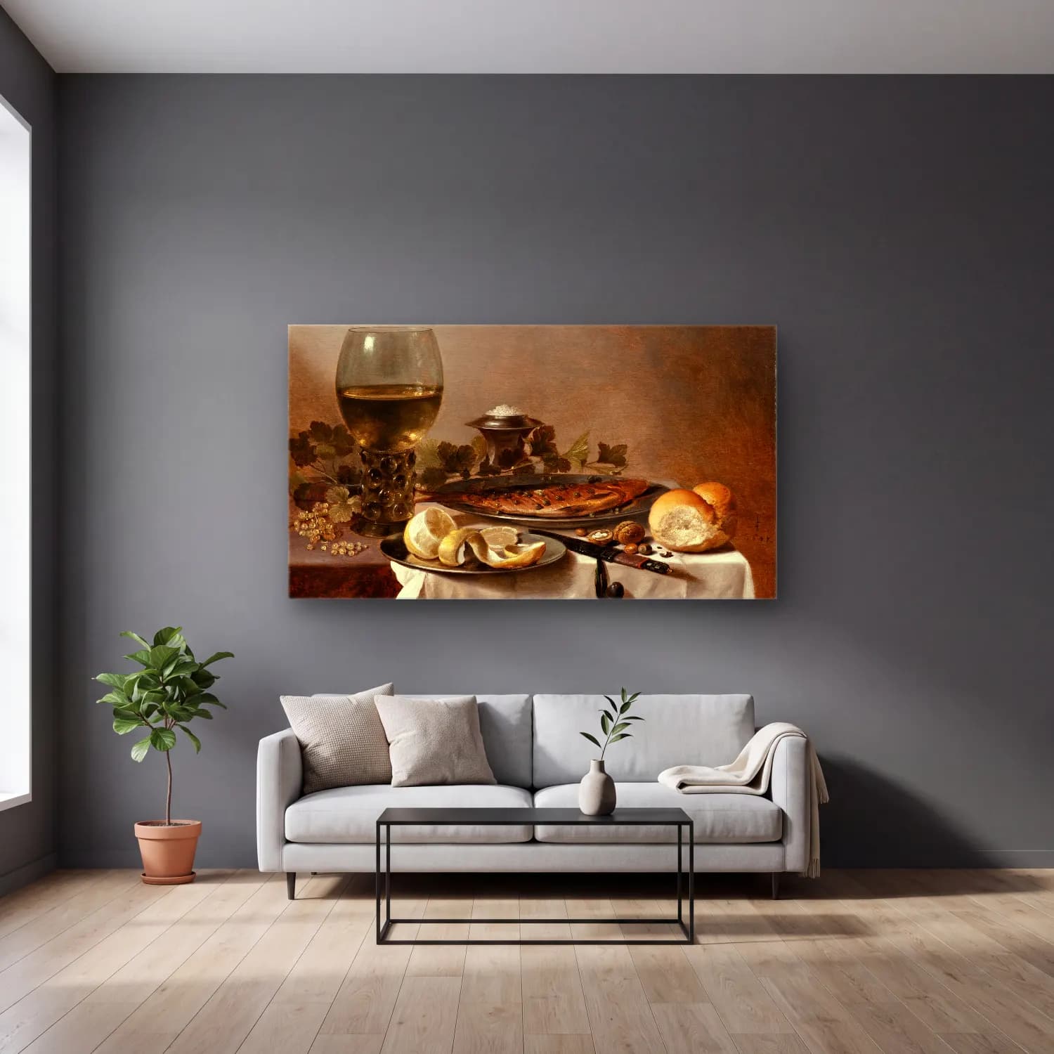 Pieter Claesz – Still Life with Herring, Wine and Bread cam tablo — gri duvarlı salonda