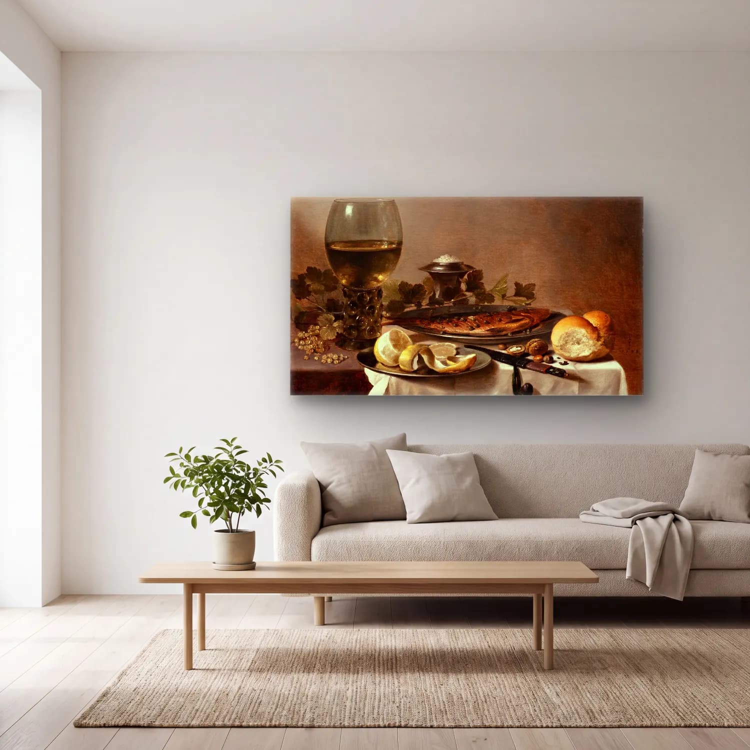 Pieter Claesz – Still Life with Herring, Wine and Bread cam tablo — açık renk salonda