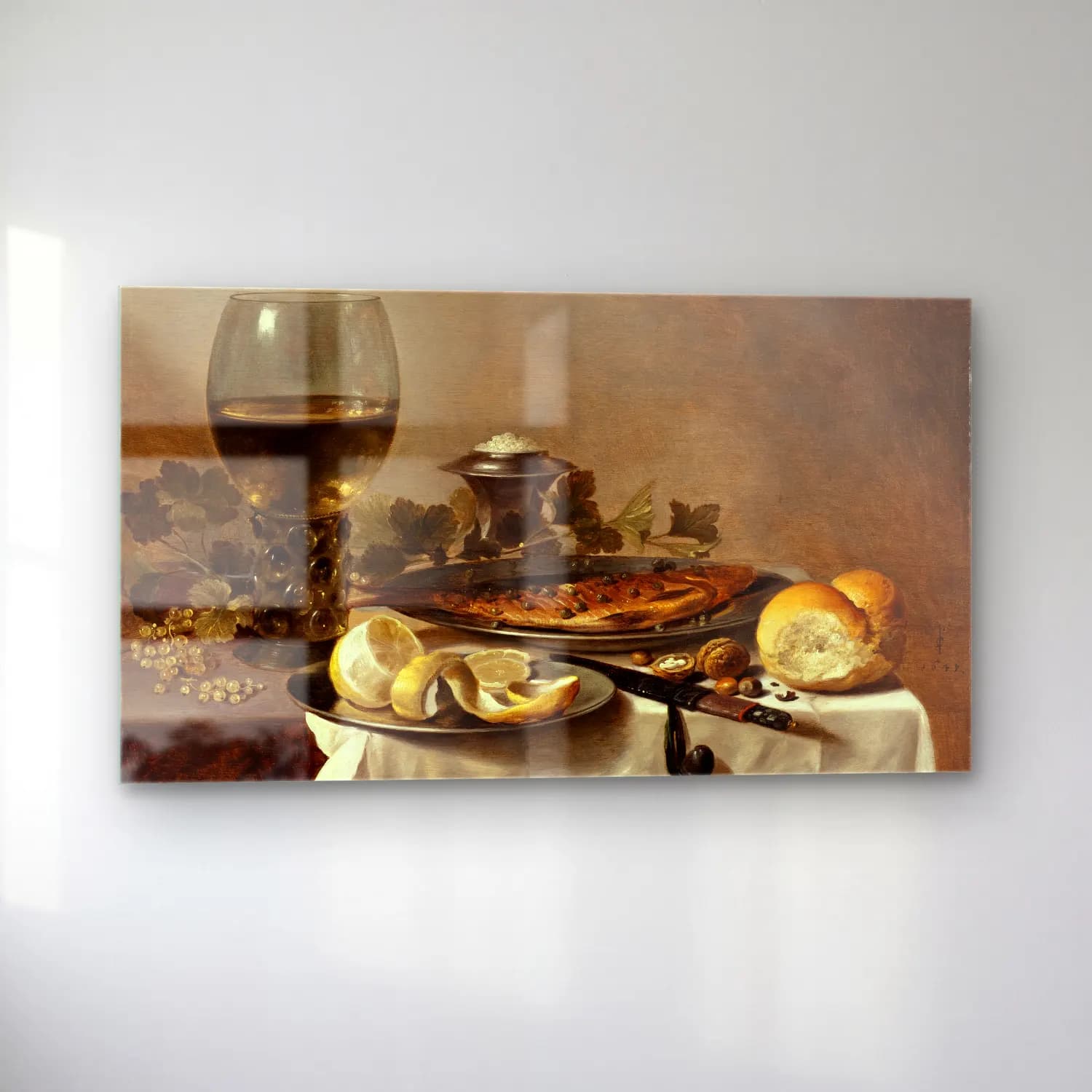 Pieter Claesz – Still Life with Herring, Wine and Bread cam tablo — sol açıdan görünüm