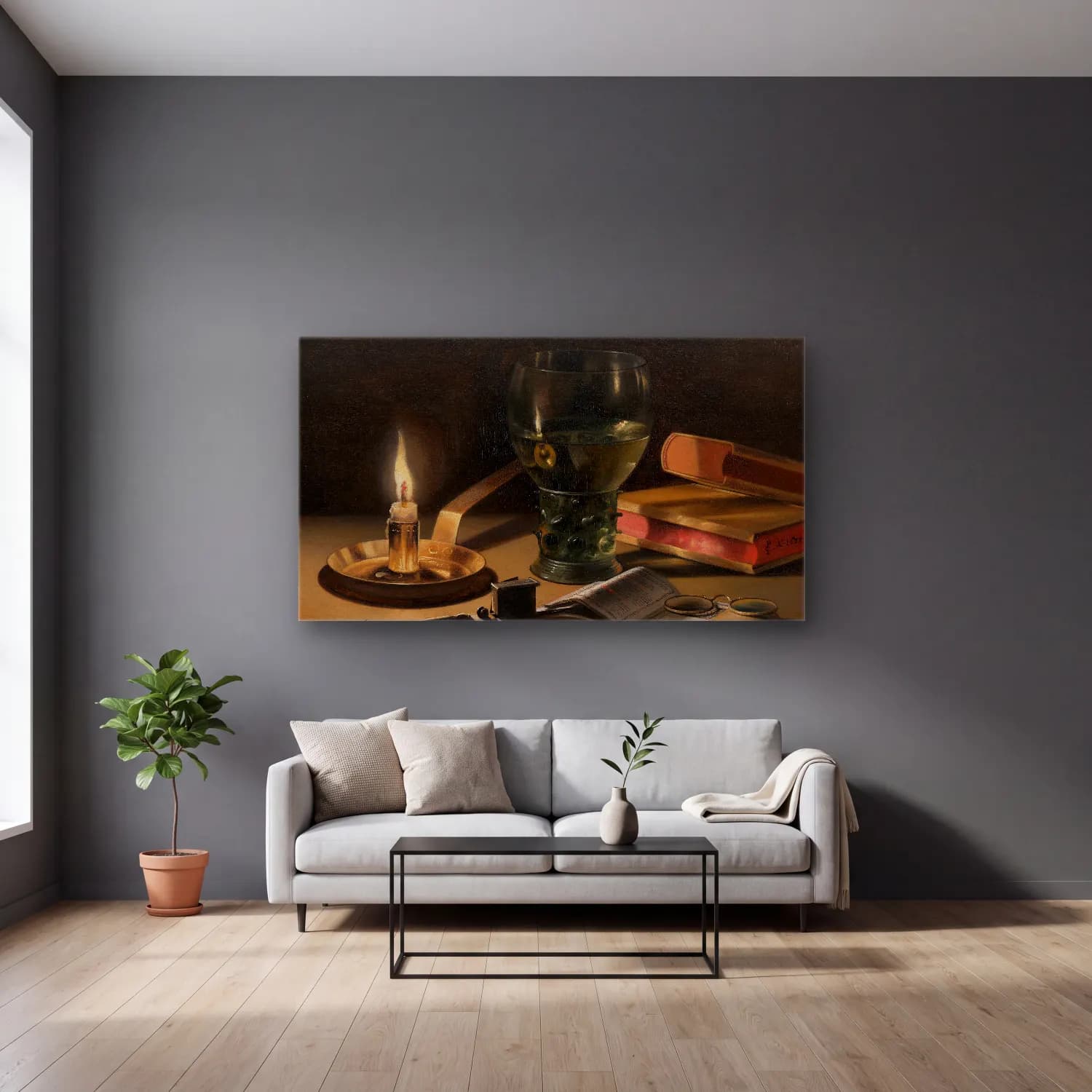 Pieter Claesz – Still Life with Lighted Candle cam tablo — gri duvarlı salonda