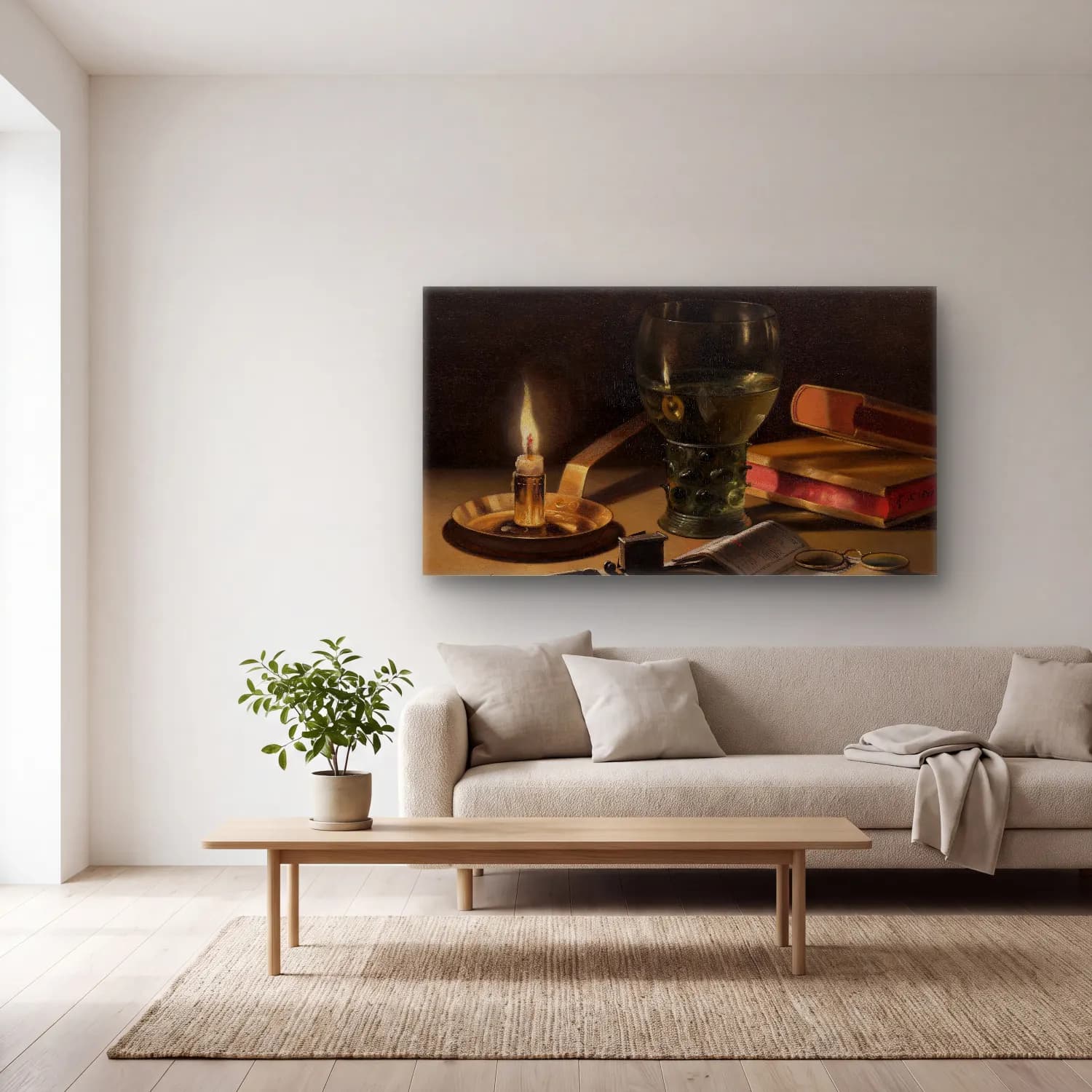 Pieter Claesz – Still Life with Lighted Candle cam tablo — açık renk salonda
