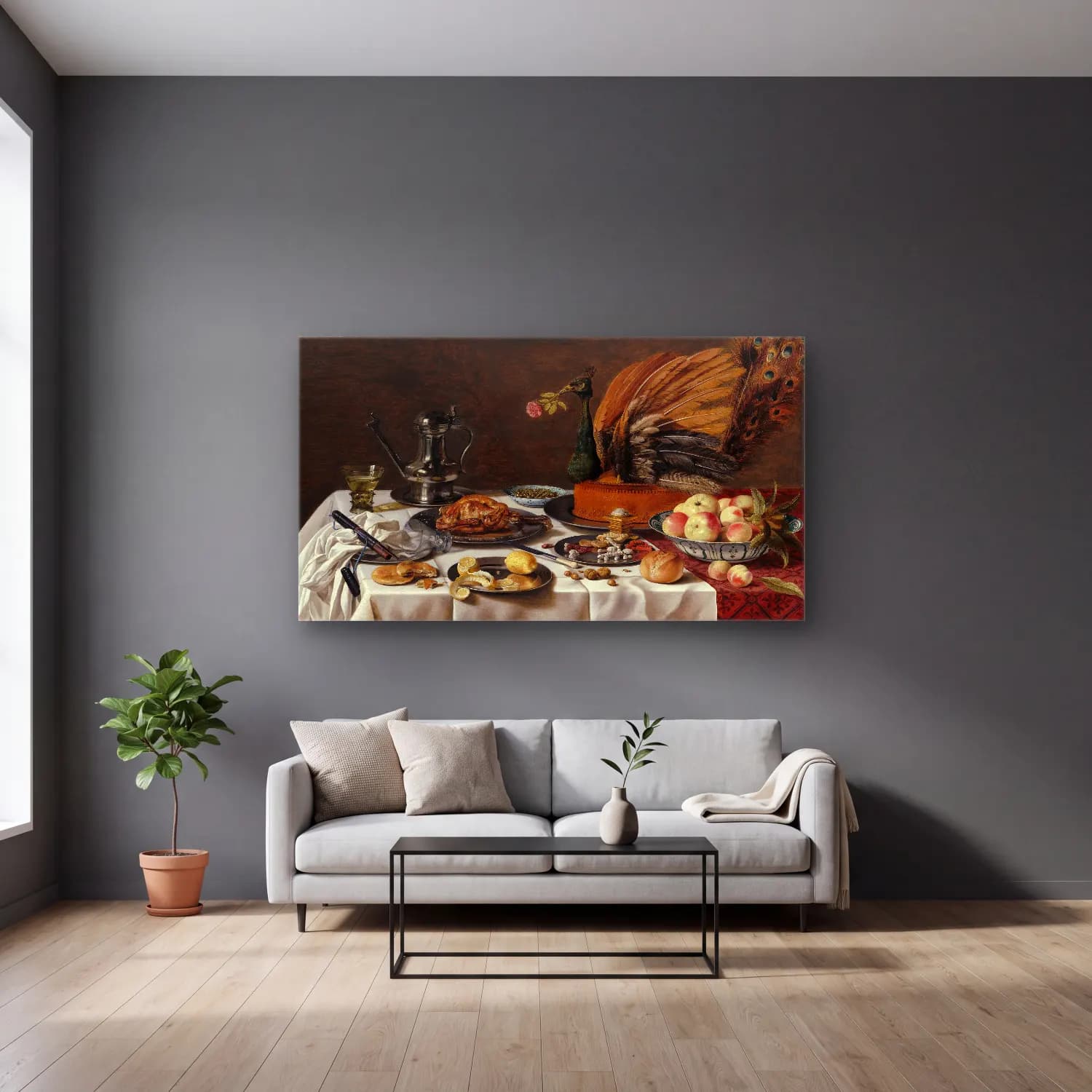 Pieter Claesz – Still Life with Peacock Pie cam tablo — gri duvarlı salonda