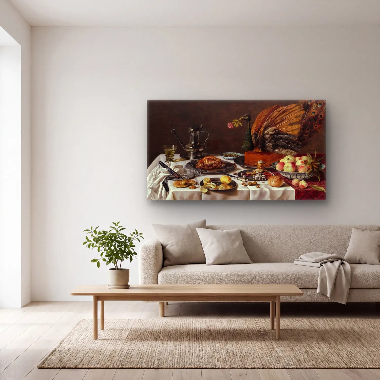 Pieter Claesz – Still Life with Peacock Pie cam tablo — açık renk salonda