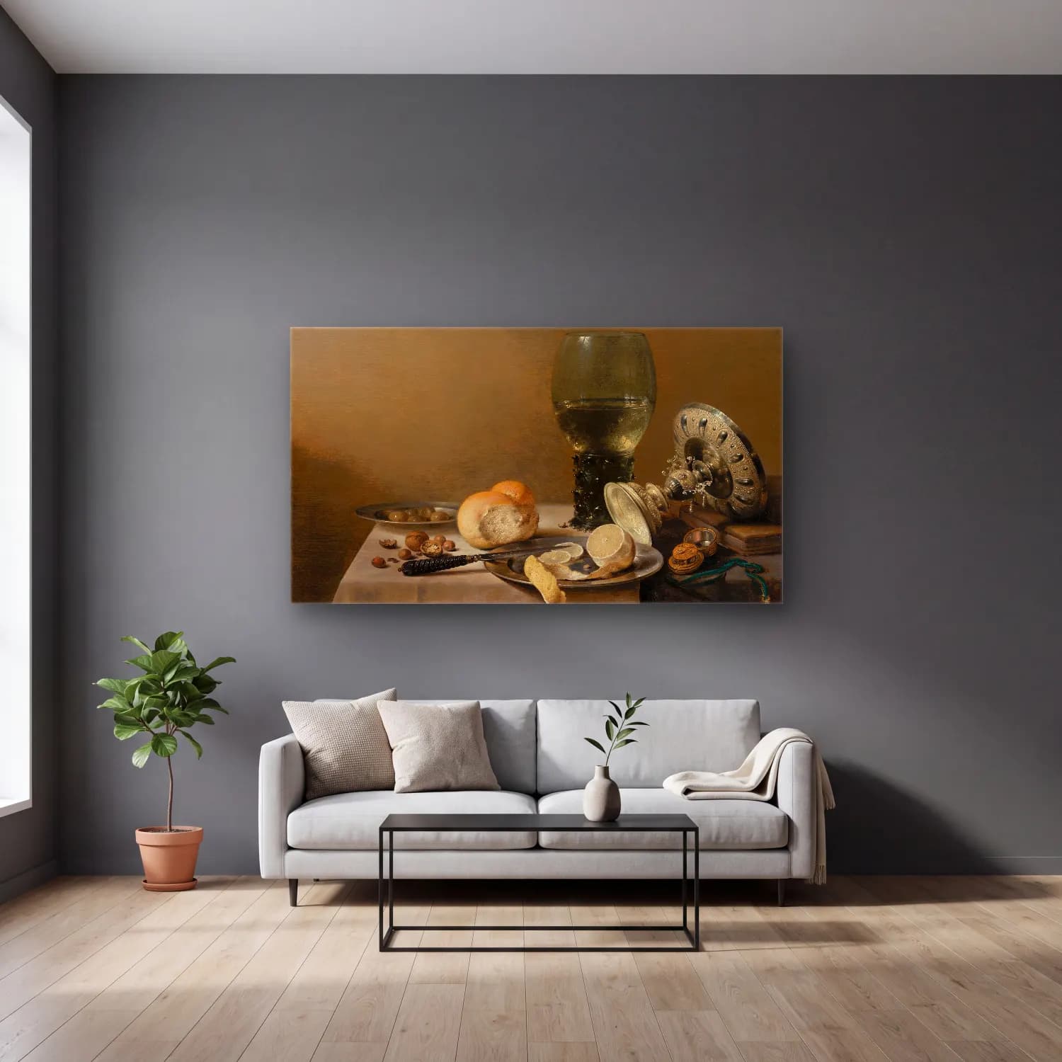 Pieter Claesz – Still Life with Tazza cam tablo — gri duvarlı salonda